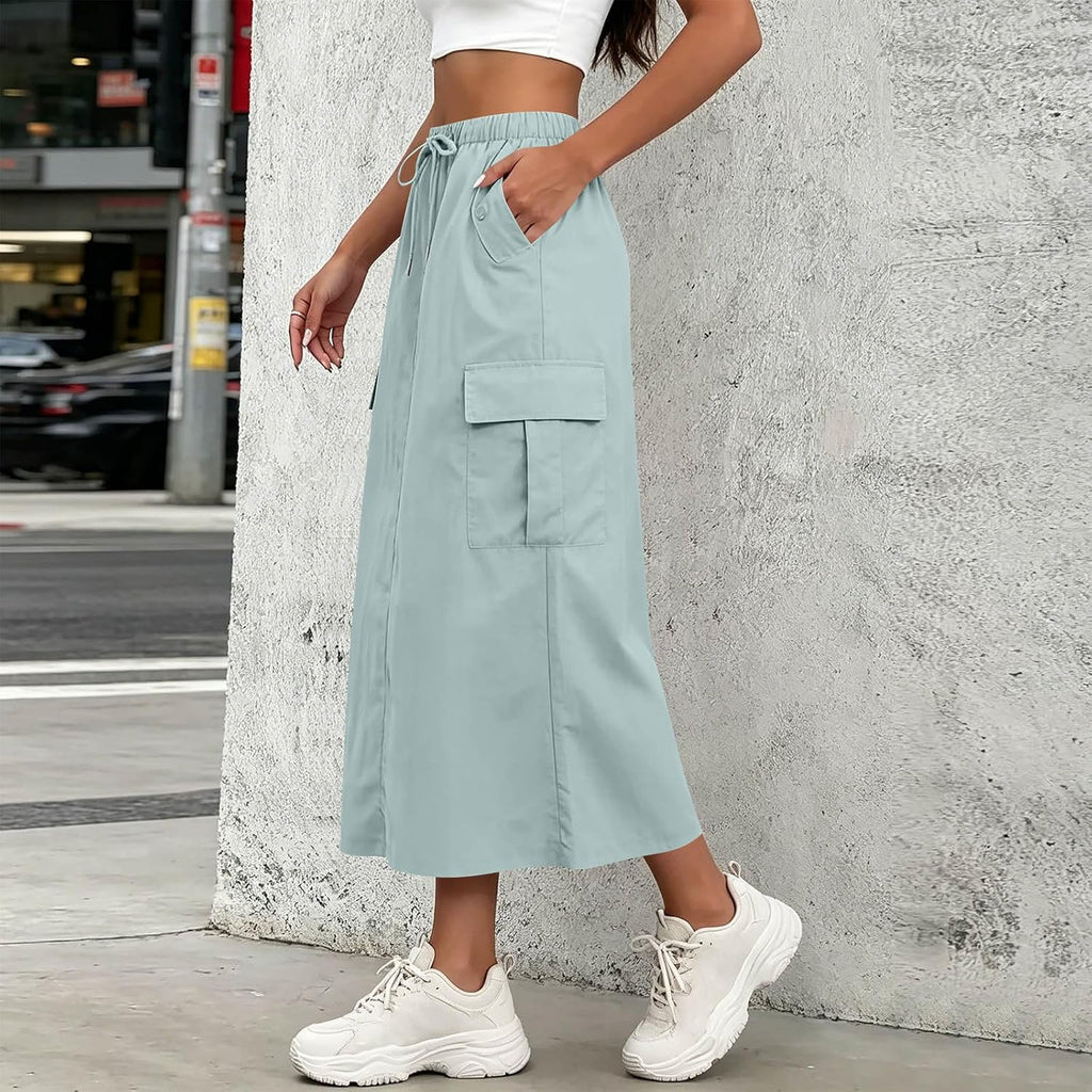 Womens Cargo Skirt High Waisted Drawstring Quick Dry Maxi Skirt Trendy Back Slit A Line Long Skirts Summer Skirts