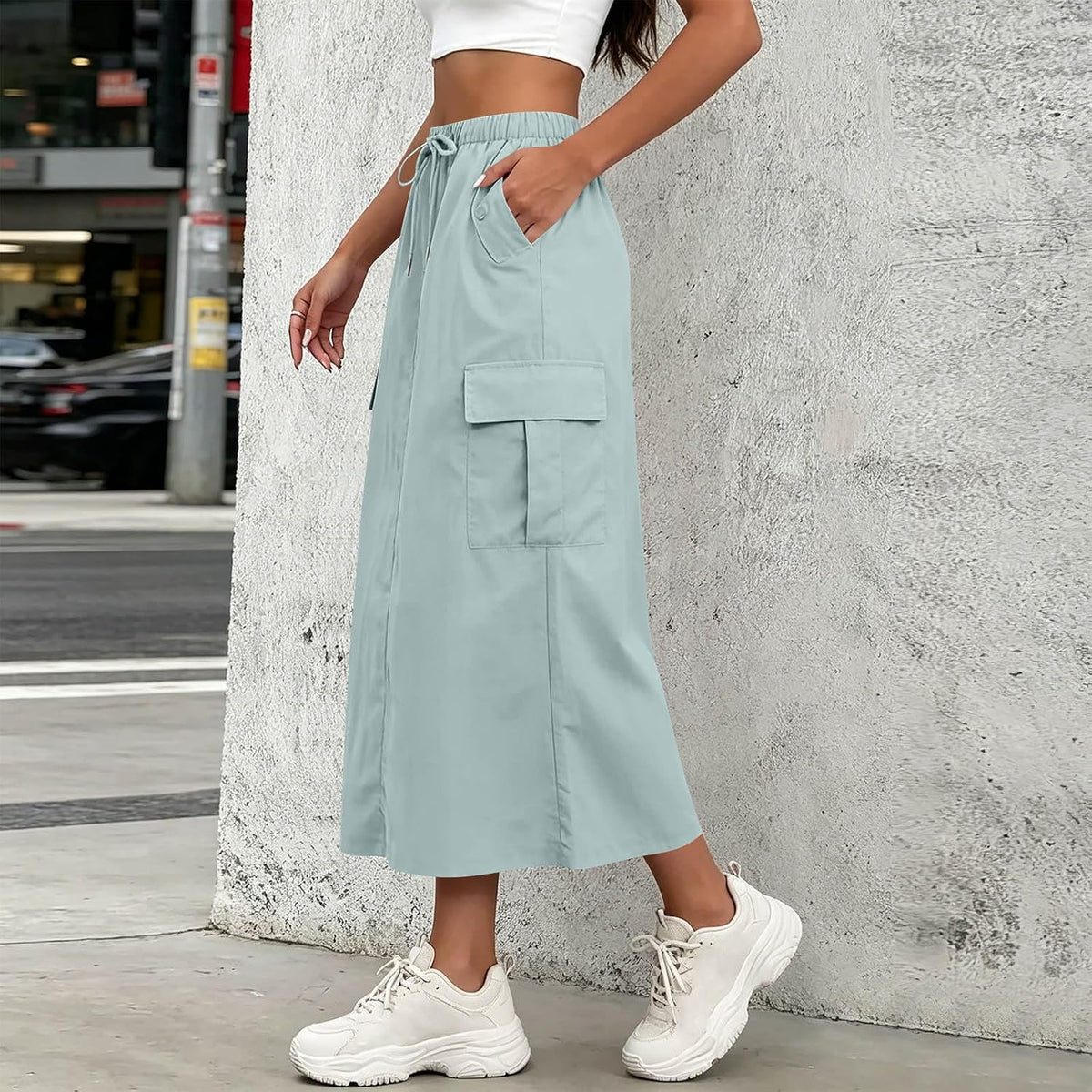 Womens Cargo Skirt High Waisted Drawstring Quick Dry Maxi Skirt Trendy Back Slit A Line Long Skirts Summer Skirts