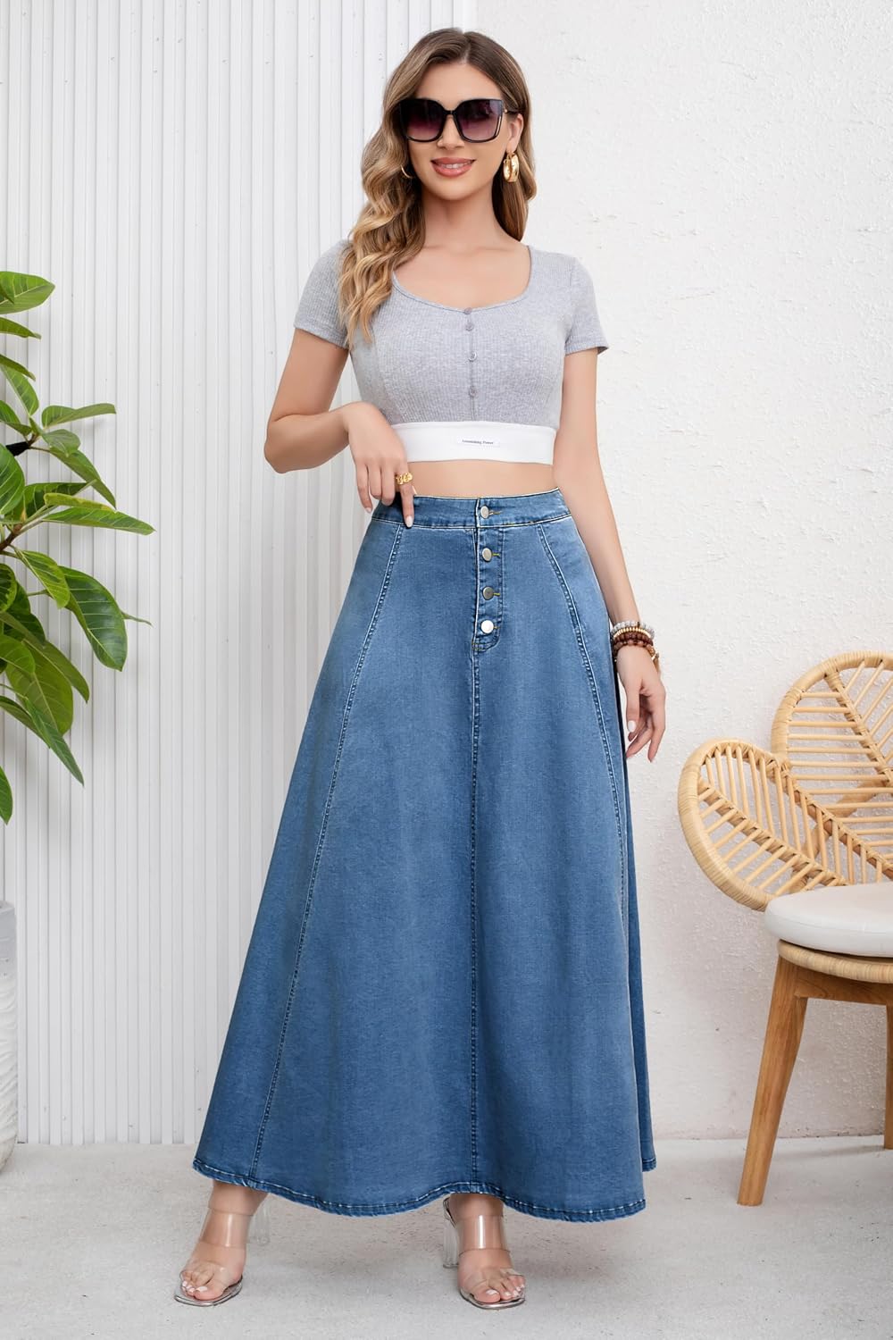 ebossy Women's Retro High Waisted Button Fly Flared Long Jean Skirts Pleated Flowy Swing A-line Denim Maxi Skirts