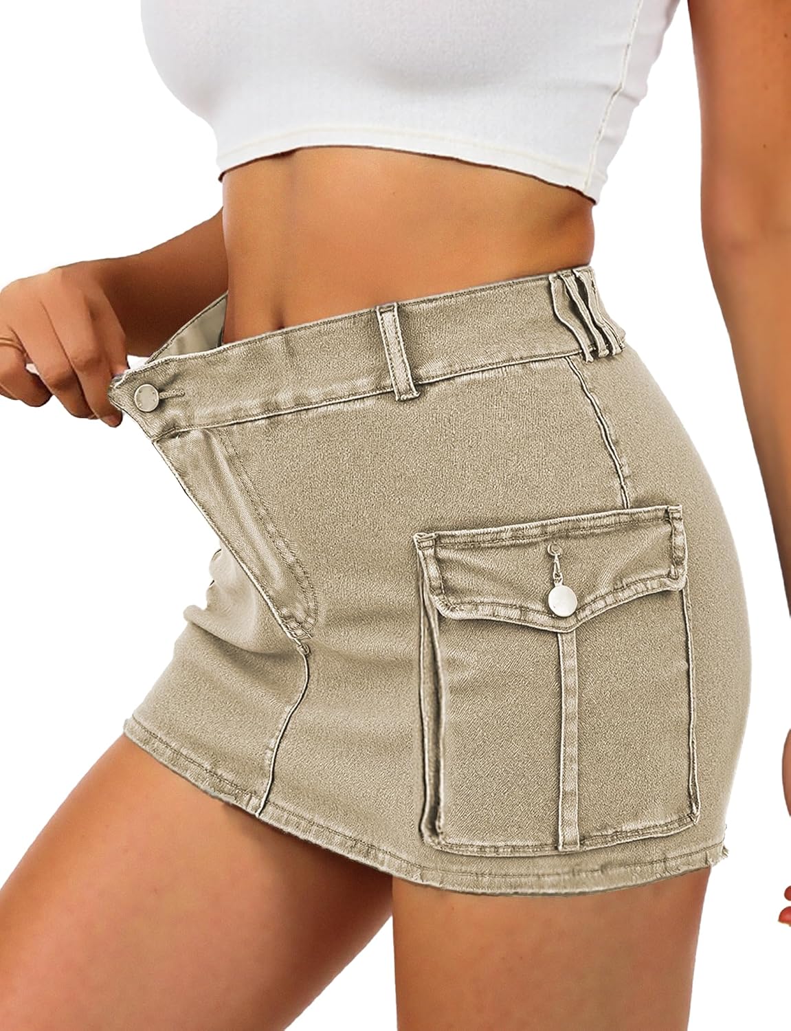 Buauty Women Denim Cargo Skirt Y2K, Mini Low Waist Jean Skirts Bodycon Flap Pockets 2026 Trendy Short