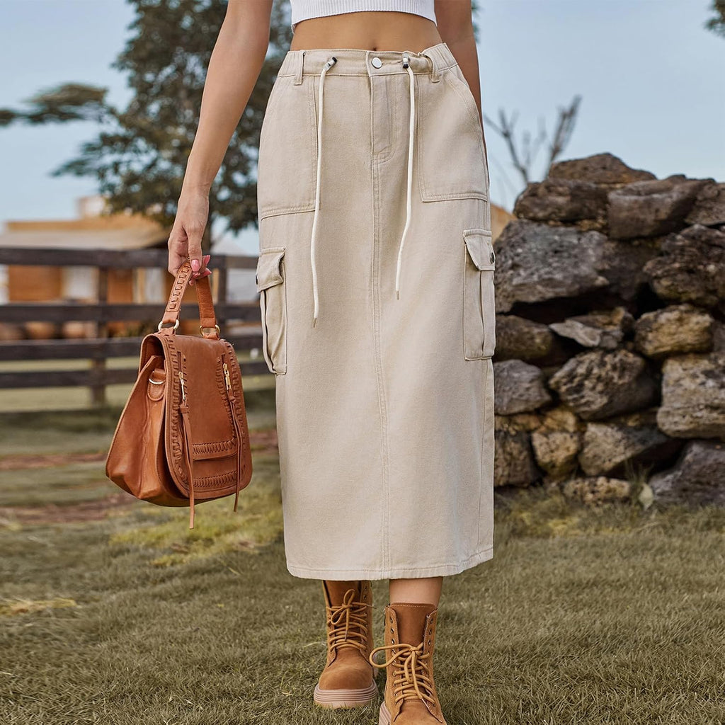 Long Denim Skirts for Women High Waist Back Split A-line Cargo Jean Skirt with Multipockets