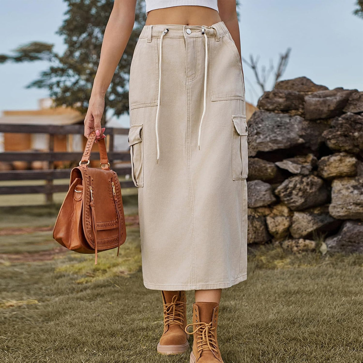 Long Denim Skirts for Women High Waist Back Split A-line Cargo Jean Skirt with Multipockets