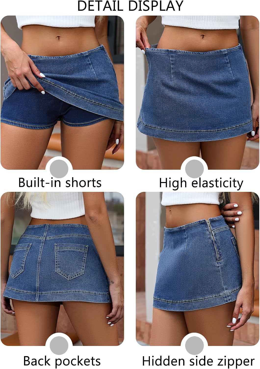 ELLEVEN Low Rise Denim Mini Skirt with Built-in Shorts
