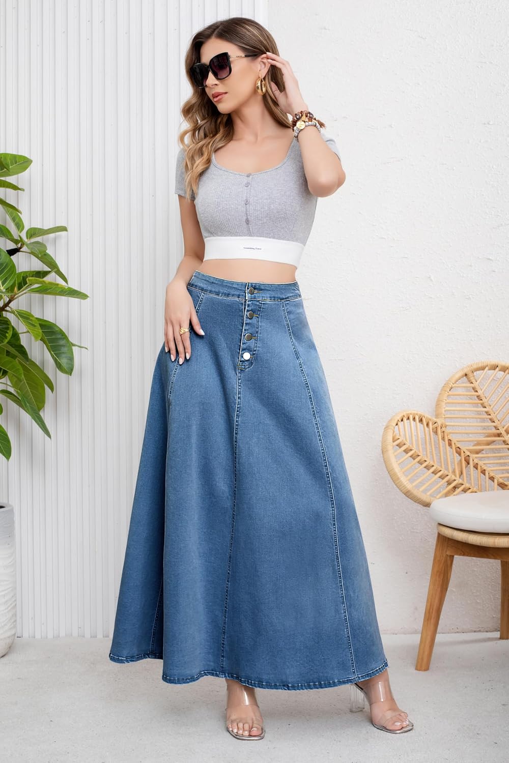 ebossy Women's Retro High Waisted Button Fly Flared Long Jean Skirts Pleated Flowy Swing A-line Denim Maxi Skirts