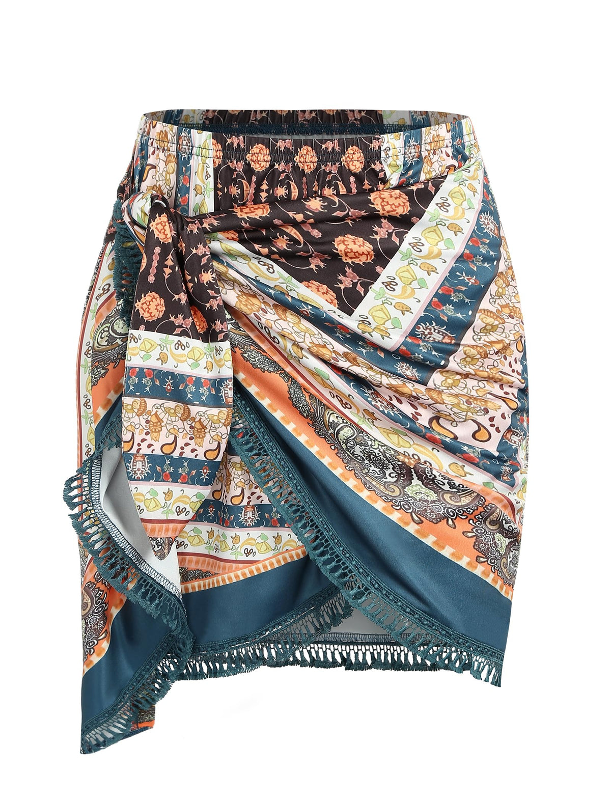ZAFUL Slit Skirt for Women Boho Print Tie Side Wrap Tassel Casual Beach Mini Skirt