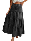 EMMIOL Long Denim Skirt for Women - High Waisted A-Line Jean Maxi Skirts Dark Wash Tiered Swing Jean Skirt with Pockets