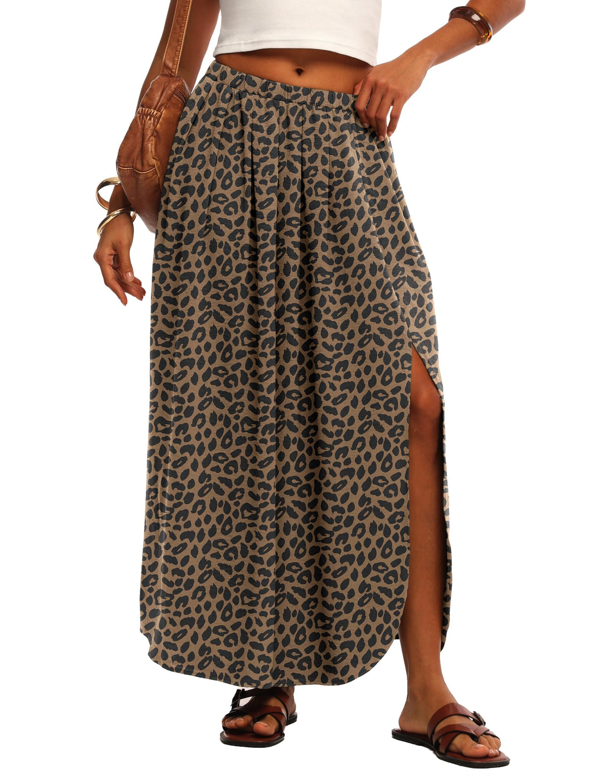 HiMONE Womens Maxi Skirt High Waisted Flowy A Line with Side Slit