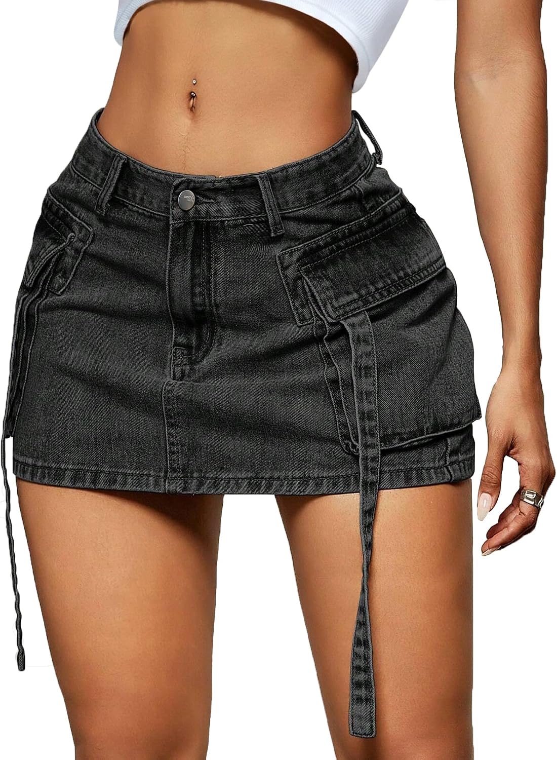 LOLILRSD Women Cargo Skirt Denim Mini Low Waist Y2K Jean Skirt with Pockets