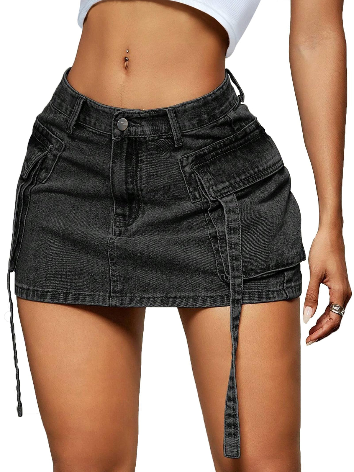 LOLILRSD Women Cargo Skirt Denim Mini Low Waist Y2K Jean Skirt with Pockets