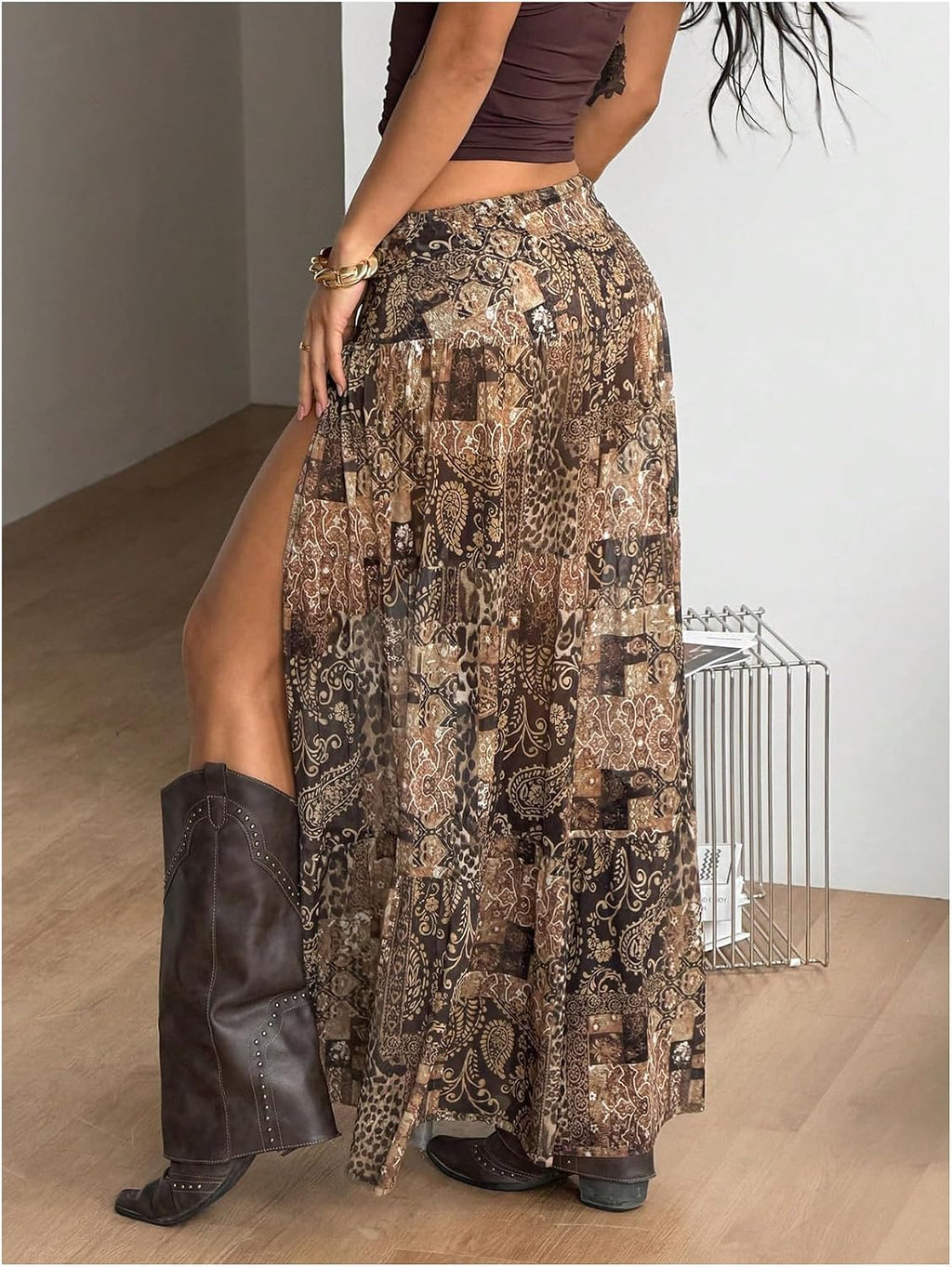 BEAUDRM Women's Paisley Maxi Skirt Western Boho High Slit Flowy Going Out Skirts