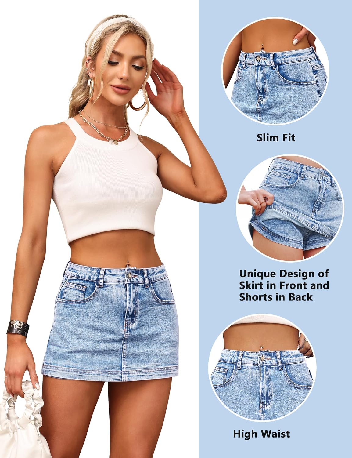 Denim Skort High Waist Denim Skirt Stretch Jean Skirt for Women With Pocket