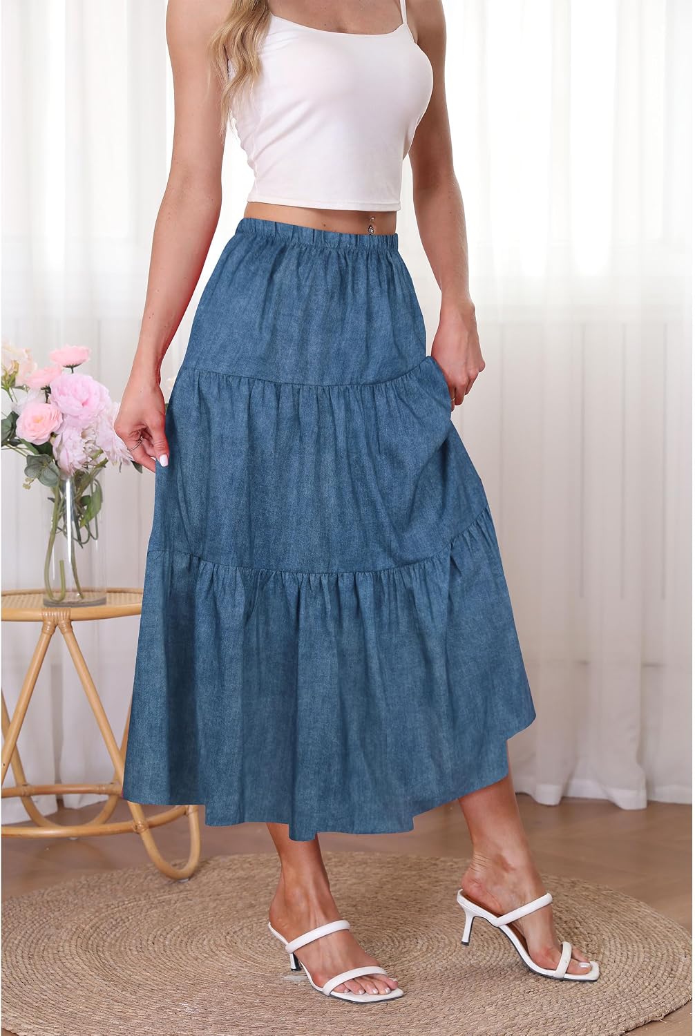 Kingfancy Women's Boho Midi Skirt A-Line Flowy Skirts