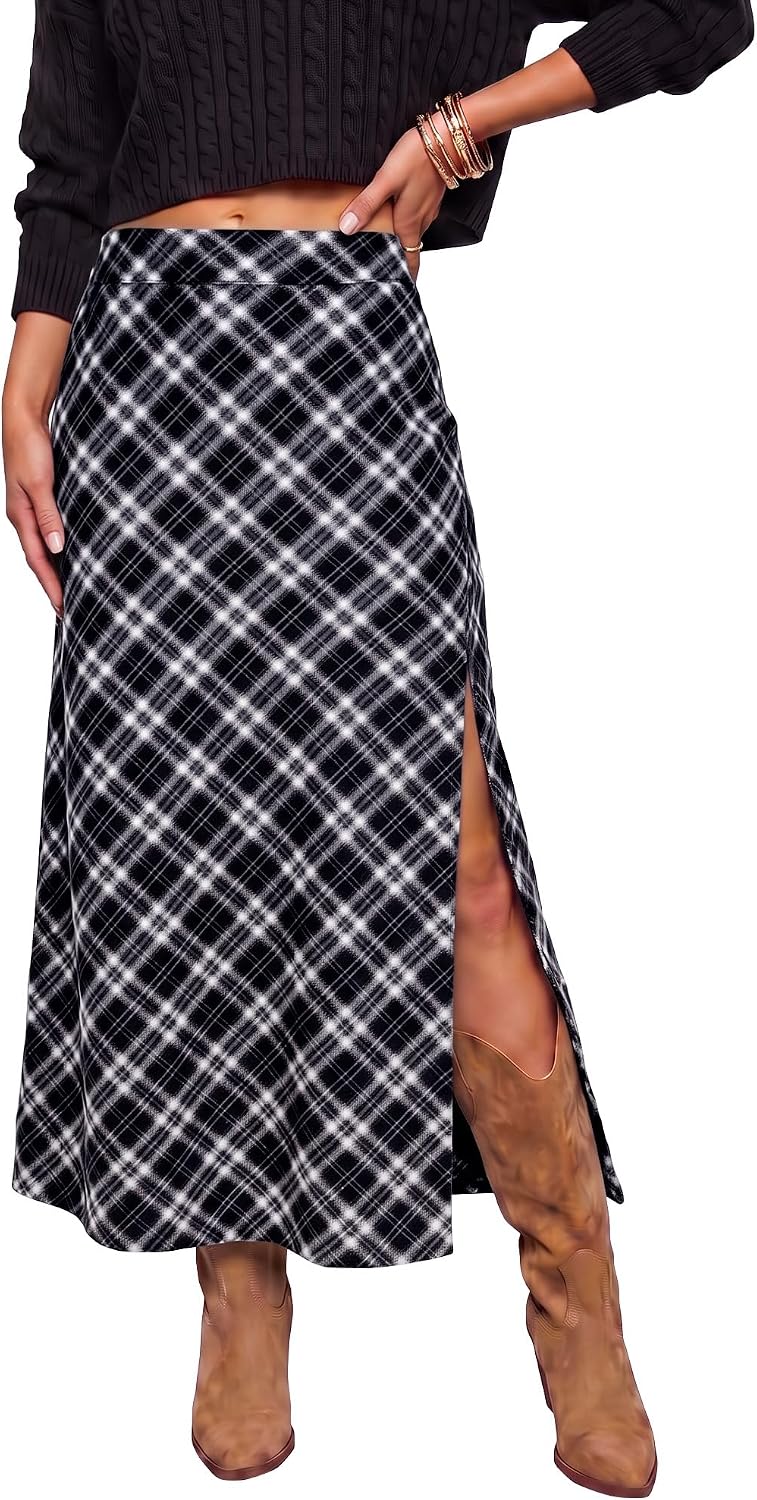 luvamia Plaid Maxi Skirts for Women Trendy A-Line Long Skirt with Side Slit