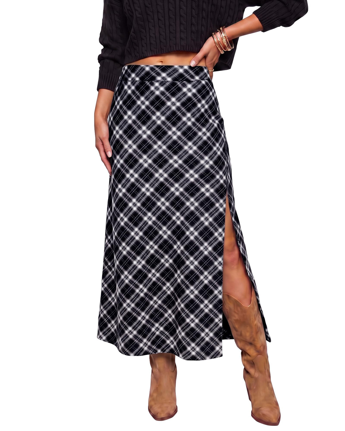 luvamia Plaid Maxi Skirts for Women Trendy A-Line Long Skirt with Side Slit