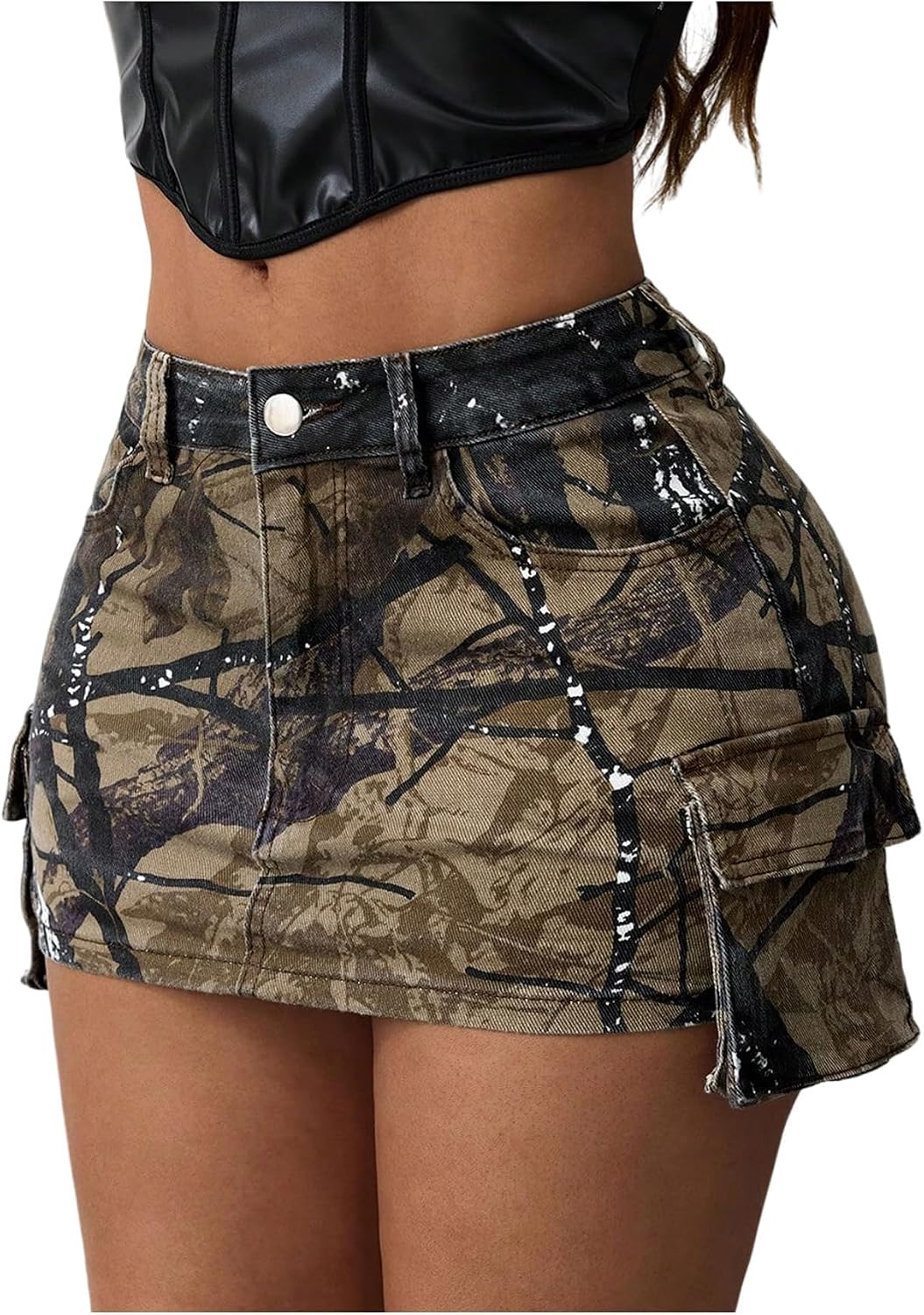WDIRARA Women's Y2k Camo Print Mini Cargo Skirt Low Rise Bodycon Skirts