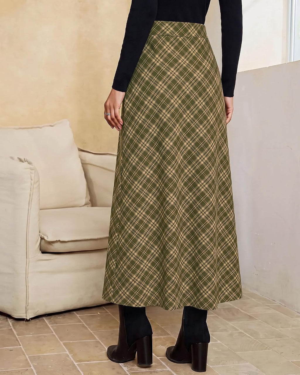 luvamia Plaid Maxi Skirts for Women Trendy A-Line Long Skirt with Side Slit