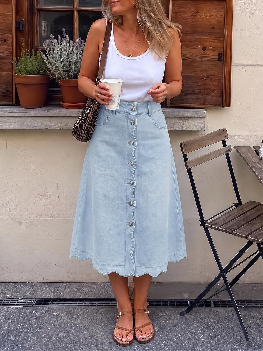 Flowyair Womens Button Down Scalloped Jean Skirt High Waisted Midi Skirts