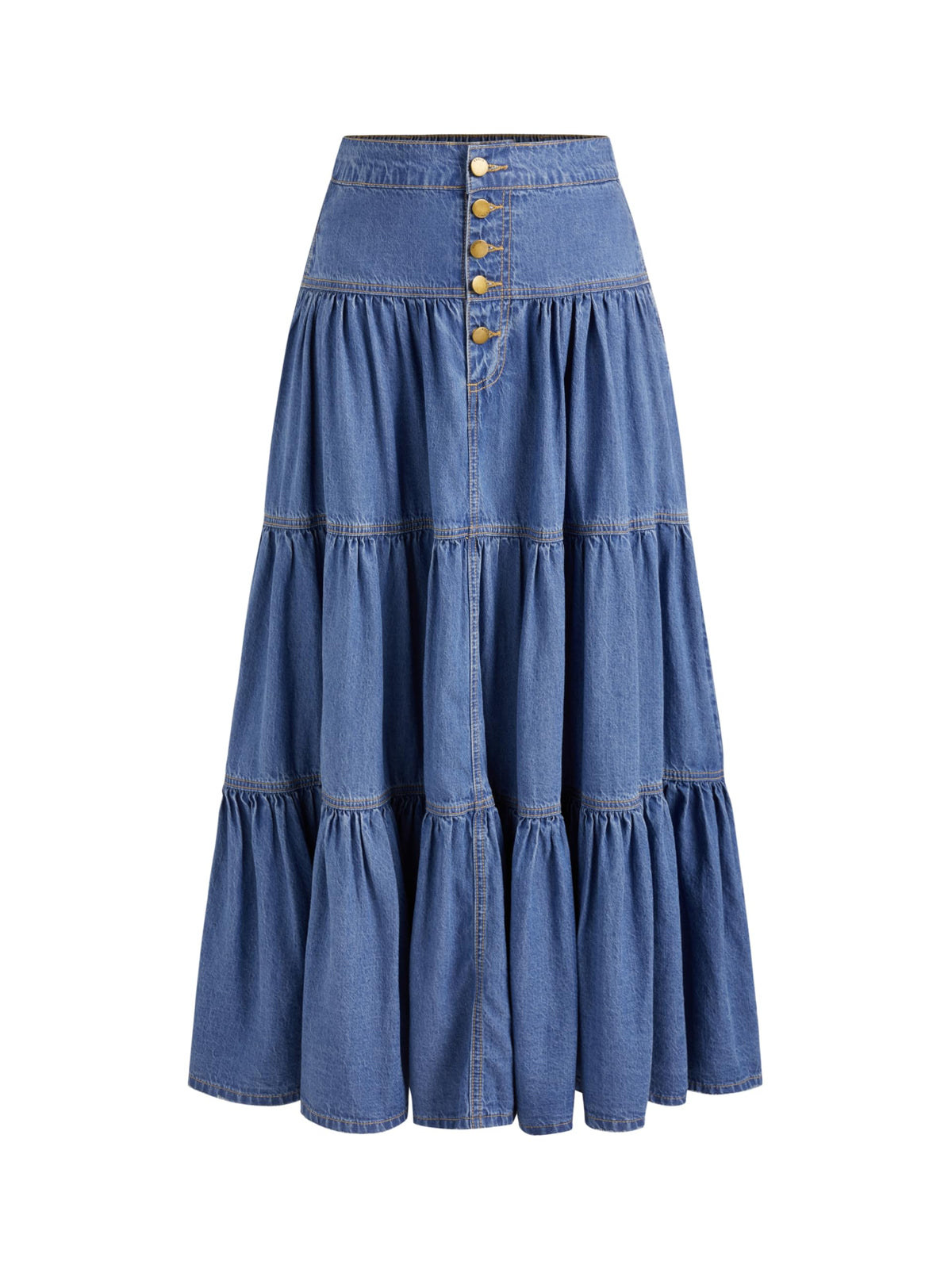 CIDER Womens Long Jean Denim Tiered Button Down High Waist Maxi Skirts