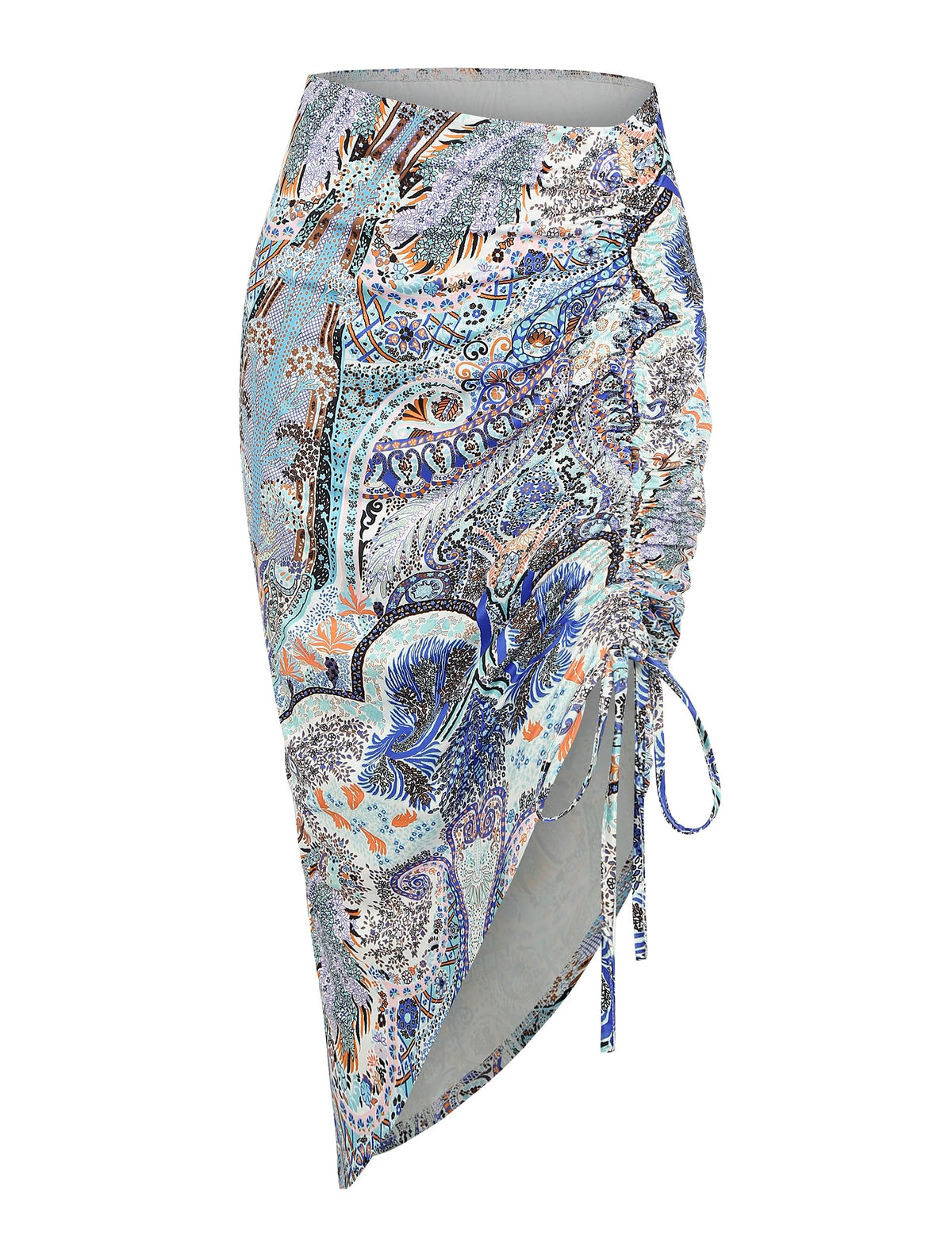ZAFUL Women's Boho Skirt Asymmetrical Skirts Tied Floral Paisley Printed High Waist Ruched Skirts for Women
