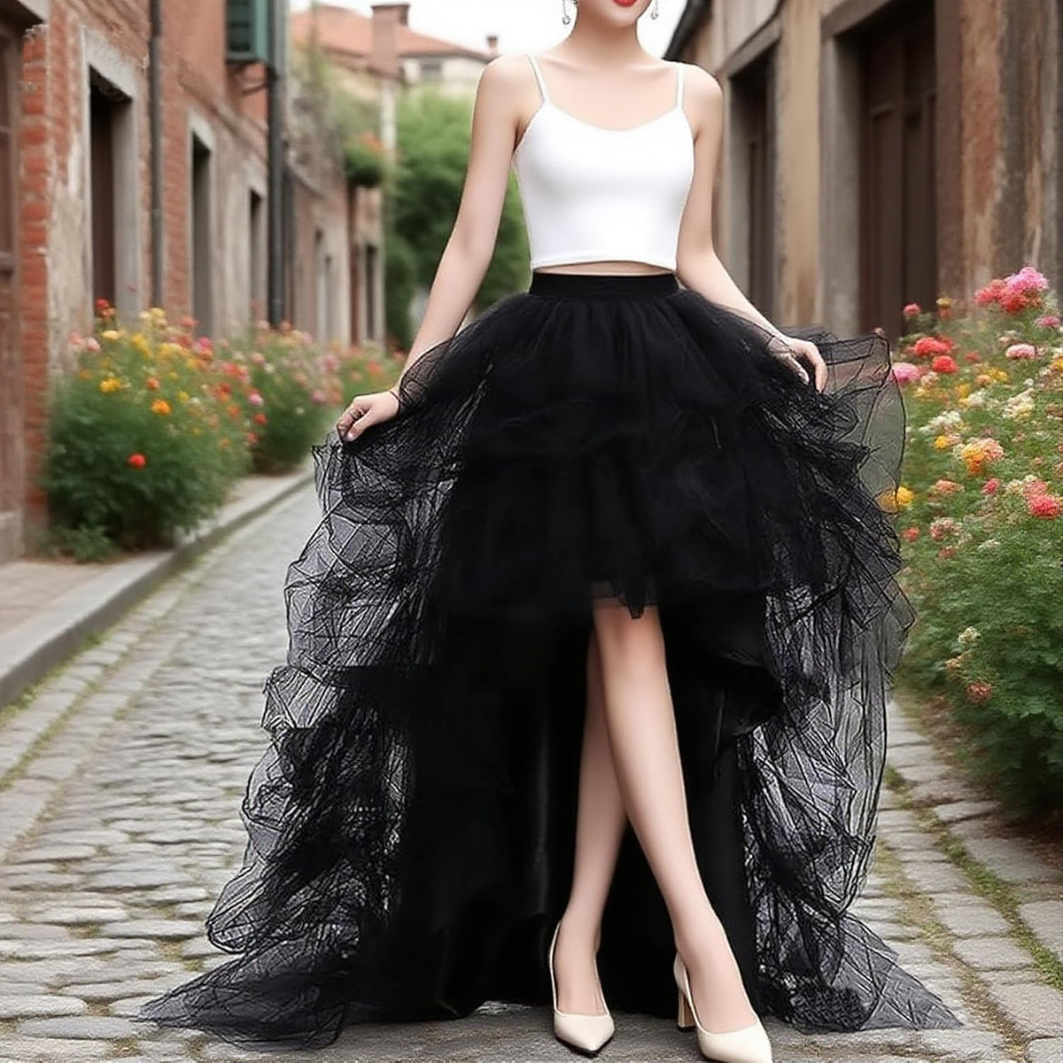 Lisong Women High Waist High Low Layered Tulle Floor Length Spectial Occasion Skirt
