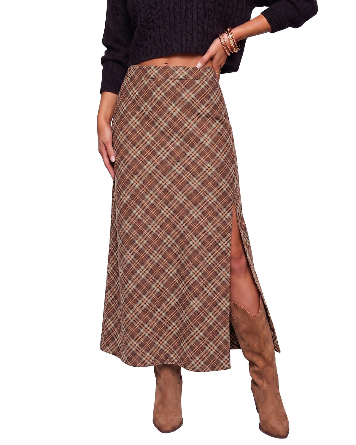 luvamia Plaid Maxi Skirts for Women Trendy A-Line Long Skirt with Side Slit