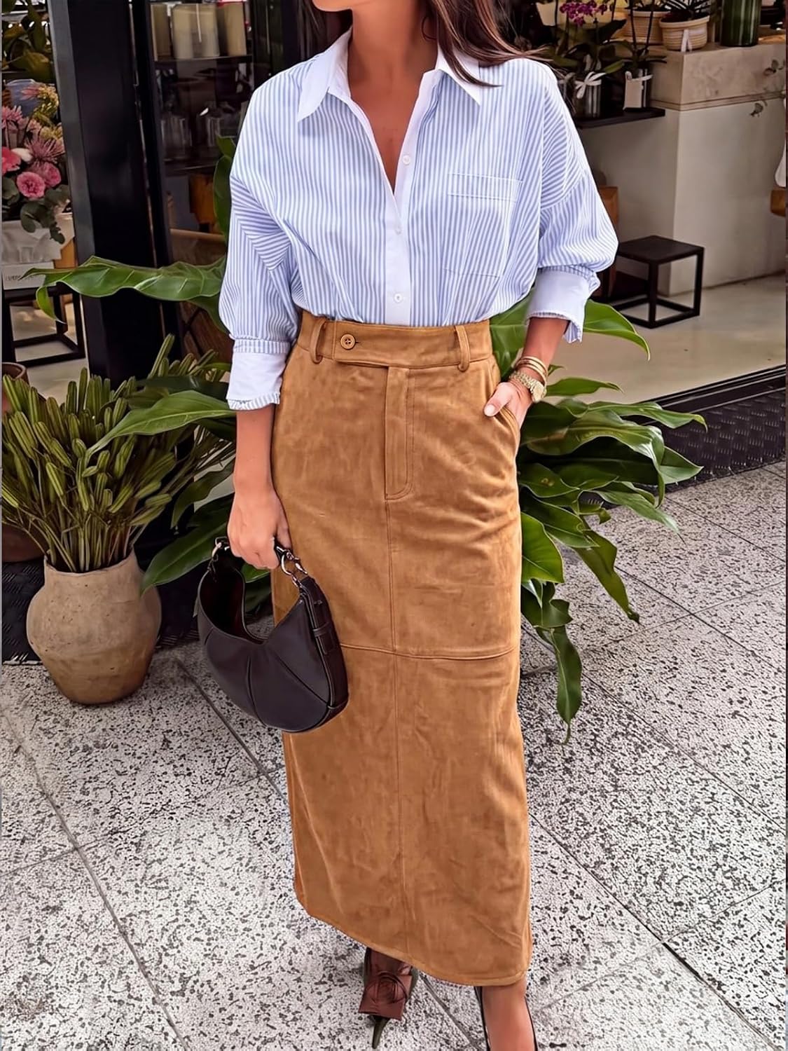 Cicy Bell Womens Suede Maxi Skirt High Waisted Slit Patchwork Pencil Skirts