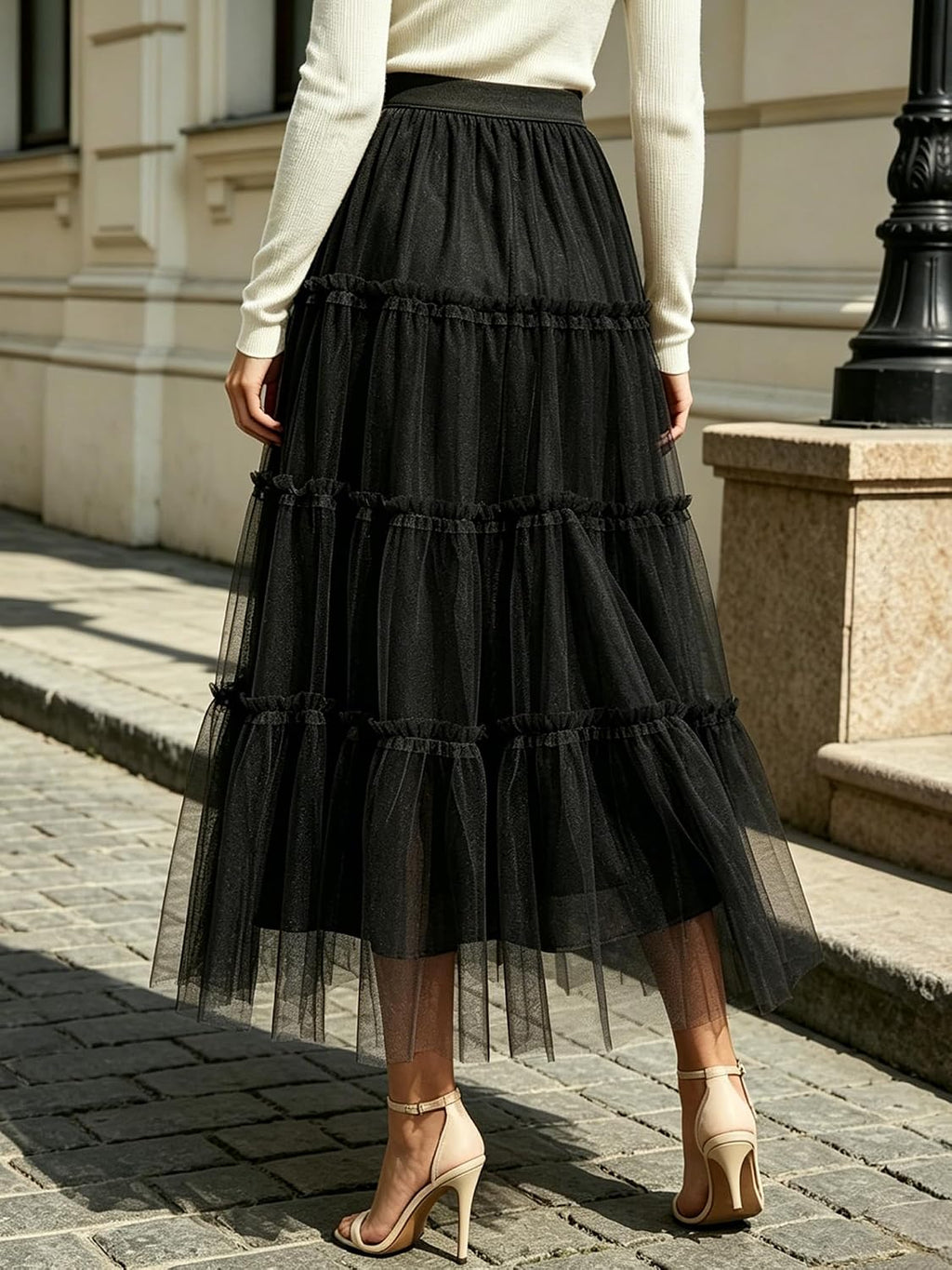 kephy Women's A-Line Tiered Flowy Tulle Midi Skirt High Elastic Waist