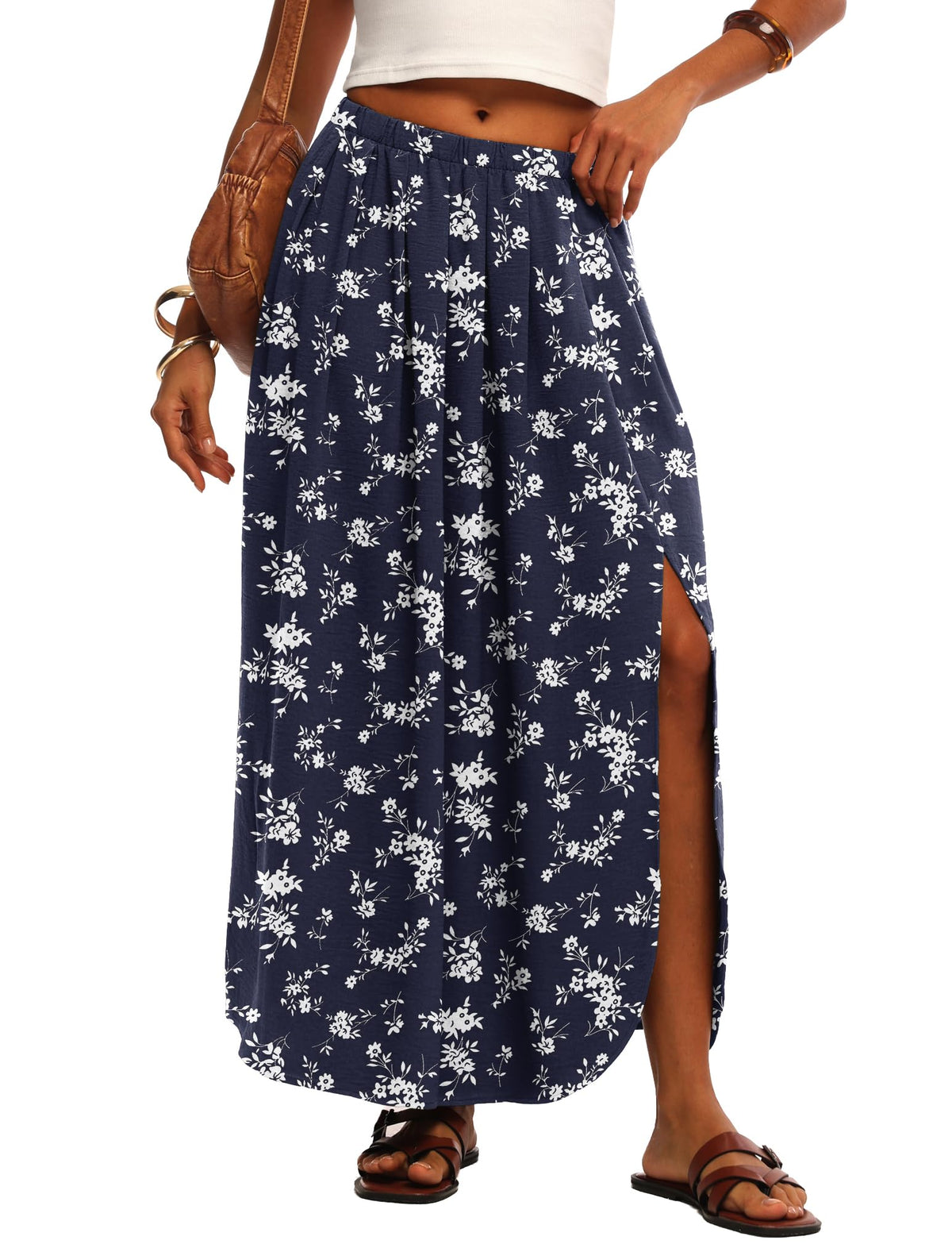 HiMONE Womens Maxi Skirt High Waisted Flowy A Line with Side Slit