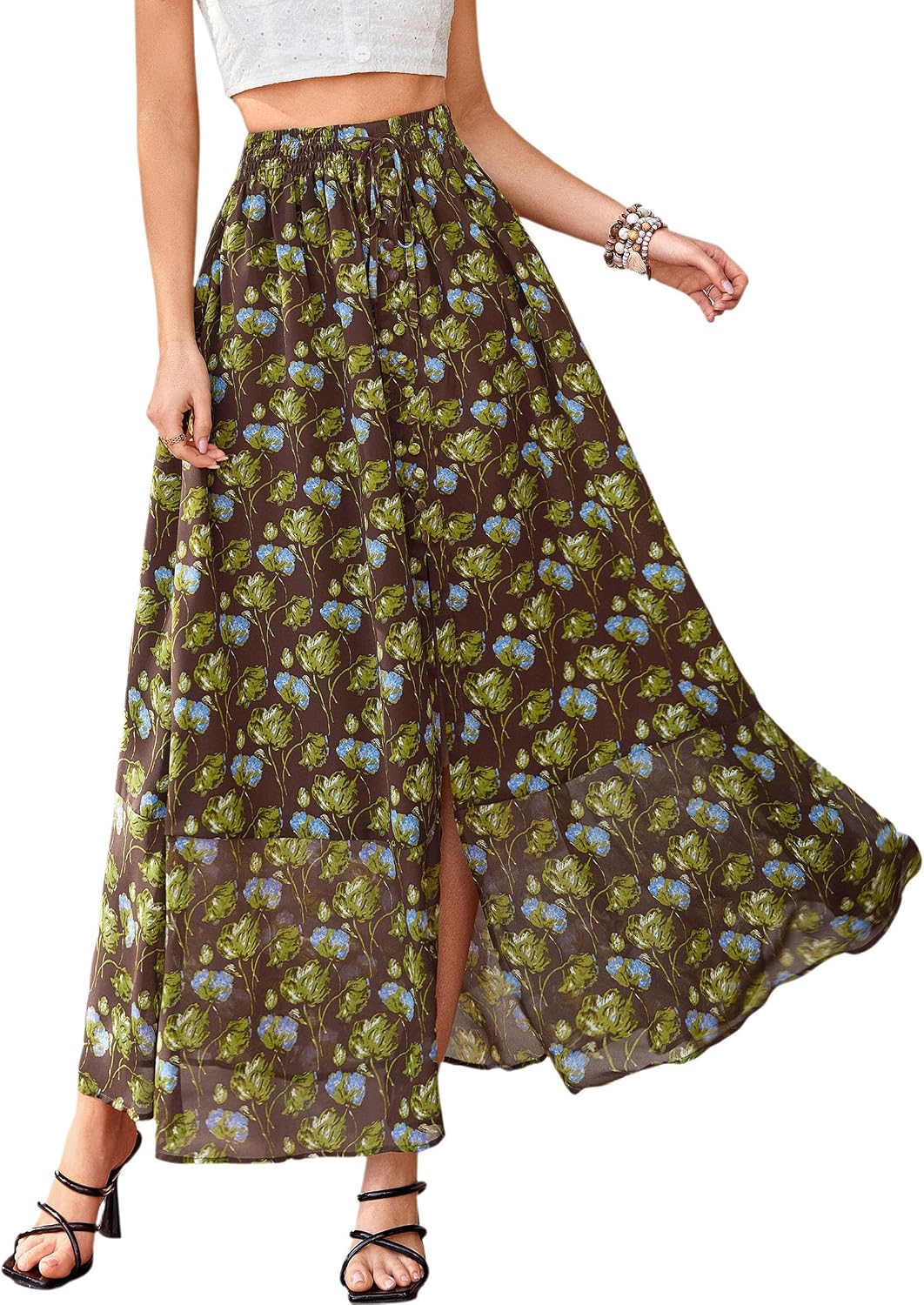 PRETTYGARDEN 2026 Summer Maxi Long Skirts for Women Trendy Boho Floral High Waisted Slit Flowy Travel Beach Vacation Clothes