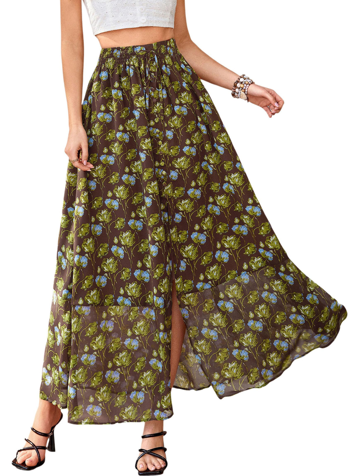 PRETTYGARDEN 2026 Summer Maxi Long Skirts for Women Trendy Boho Floral High Waisted Slit Flowy Travel Beach Vacation Clothes