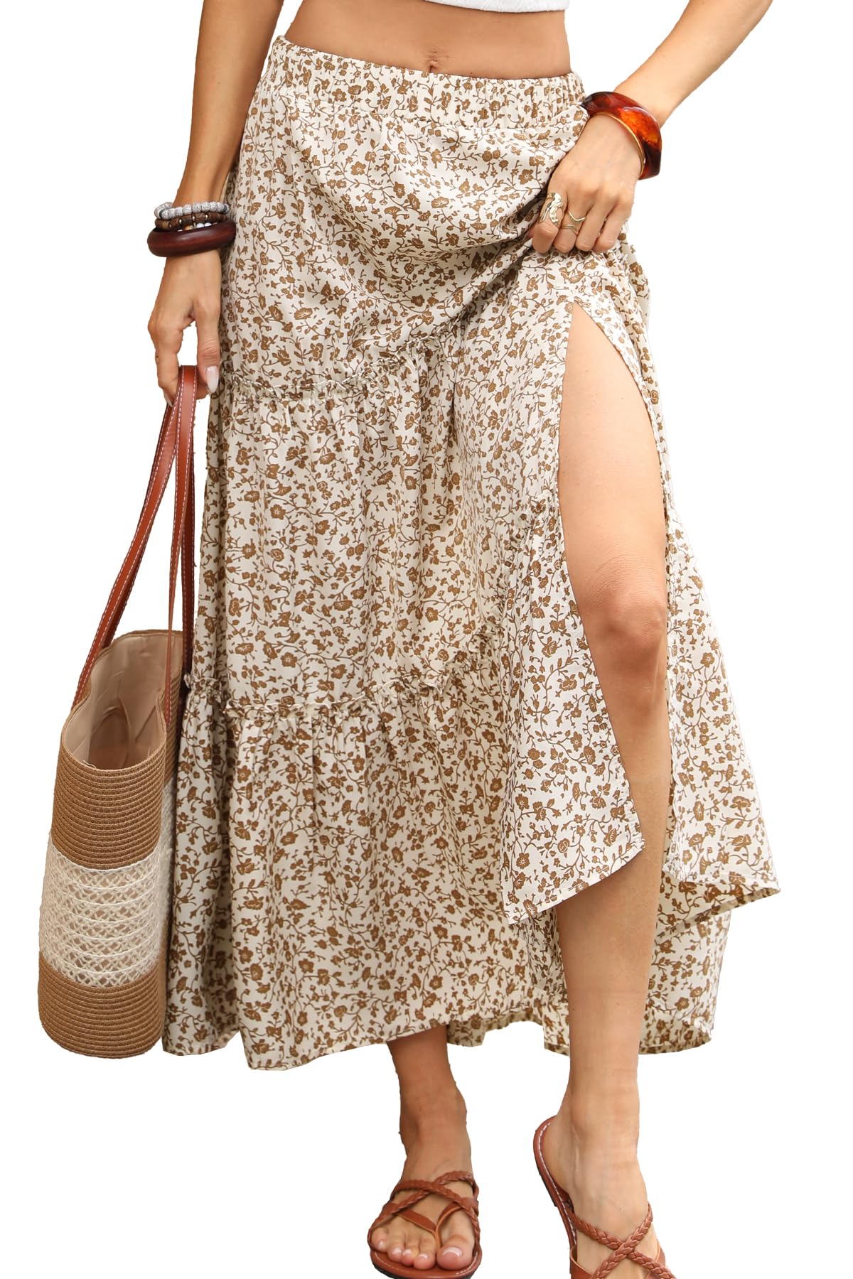 ELLEVEN Women's Floral Maxi Skirt Boho Flowy High Waisted A-Line Tiered Ruffle Skirt with Side Slit