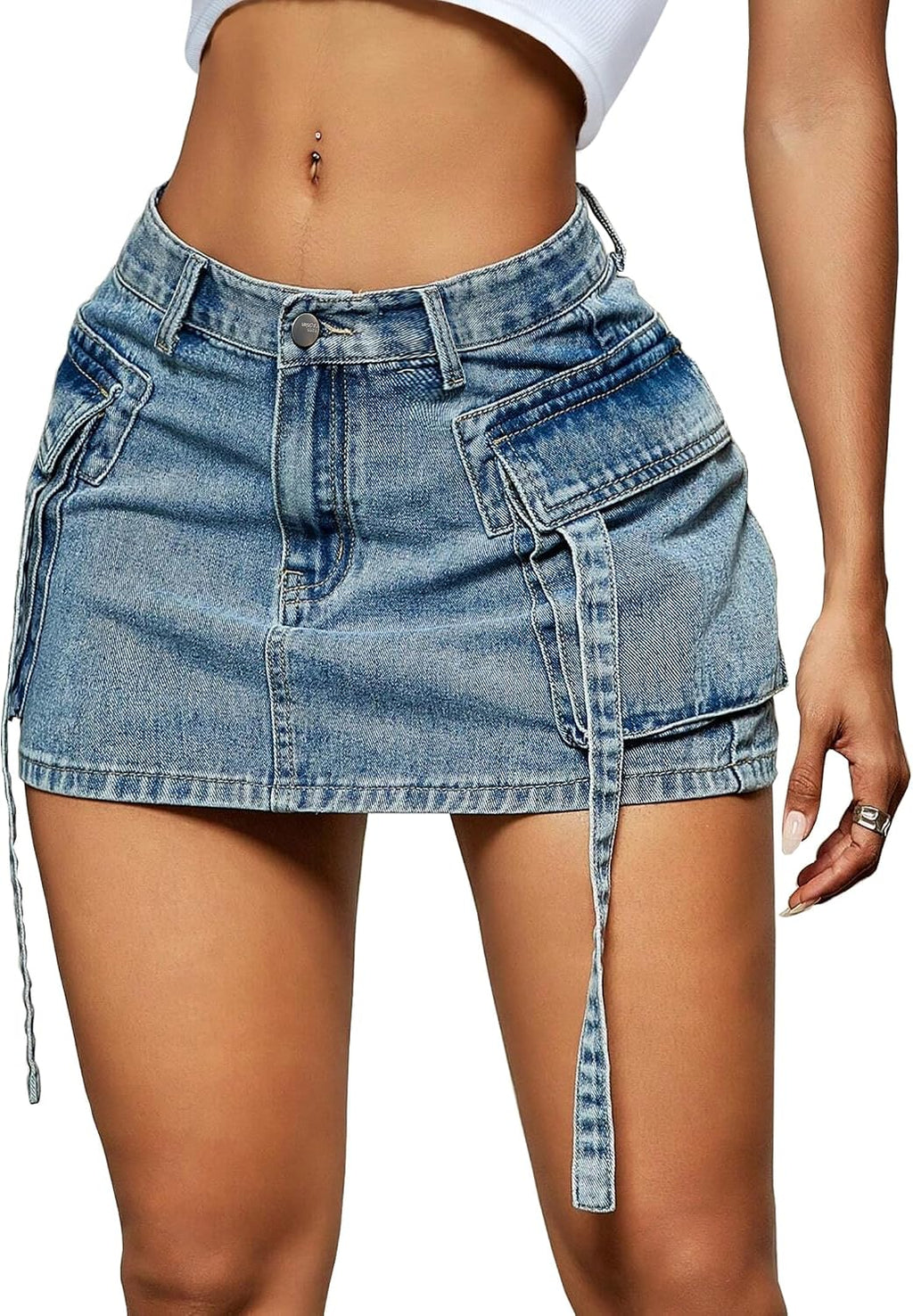LOLILRSD Women Cargo Skirt Denim Mini Low Waist Y2K Jean Skirt with Pockets