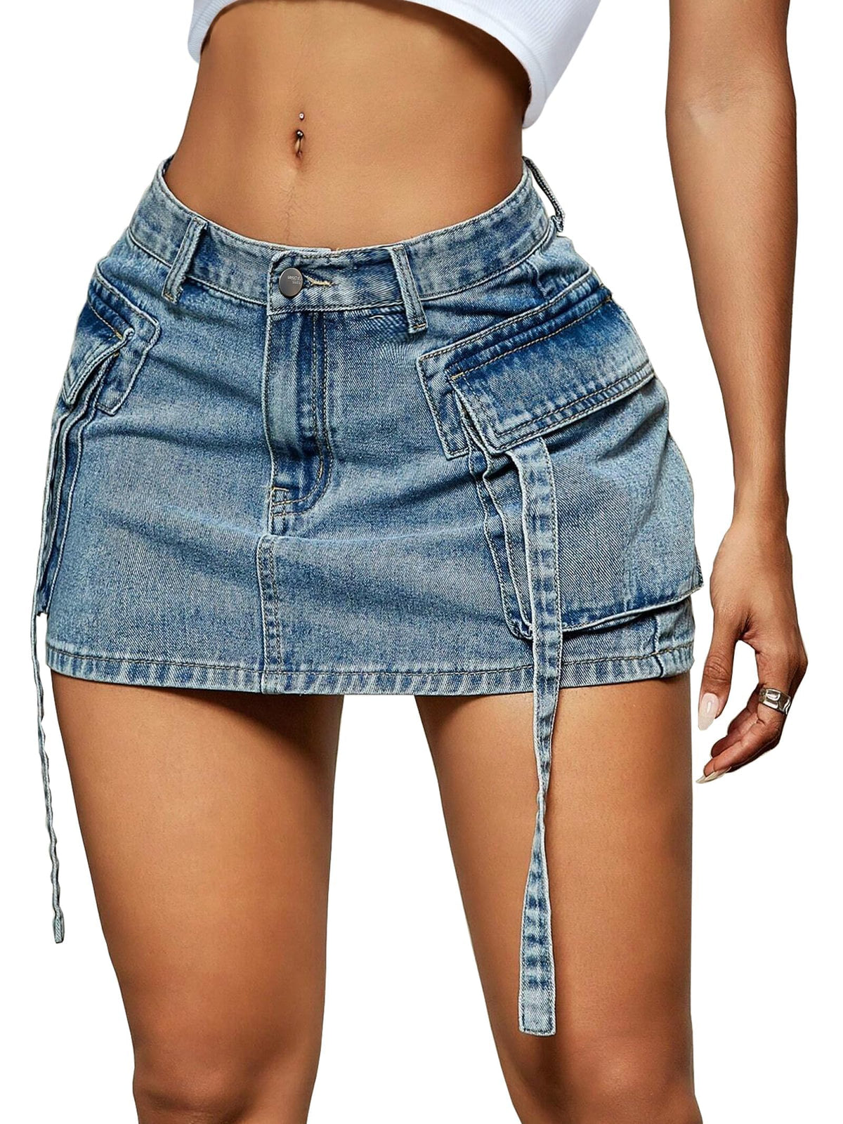 LOLILRSD Women Cargo Skirt Denim Mini Low Waist Y2K Jean Skirt with Pockets