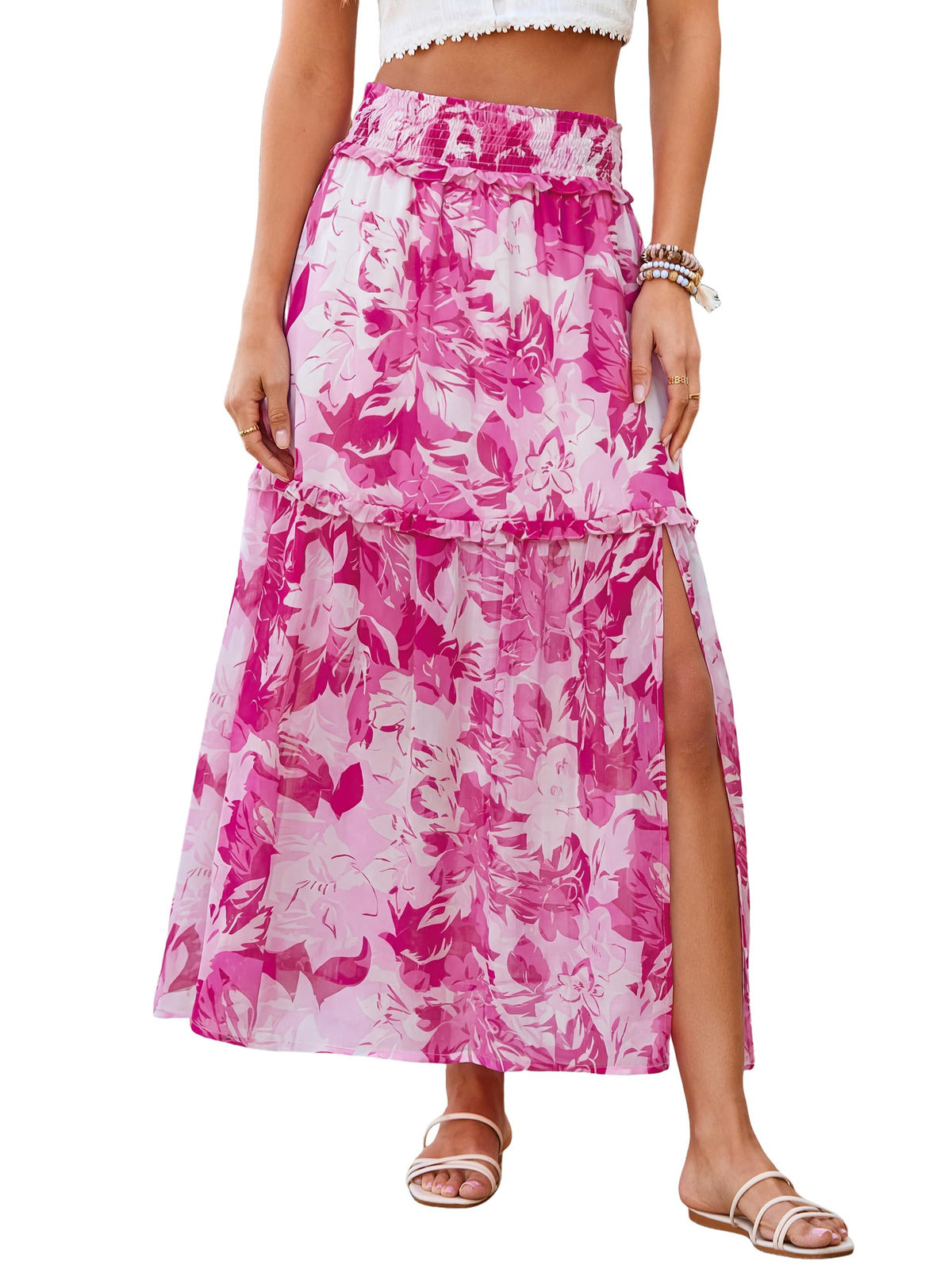 BerryGo Women Boho Floral Maxi Skirts Summer Smocked High Waisted Chiffon Flowy A Line 2026 Trendy Long Beach Skirt with Slit