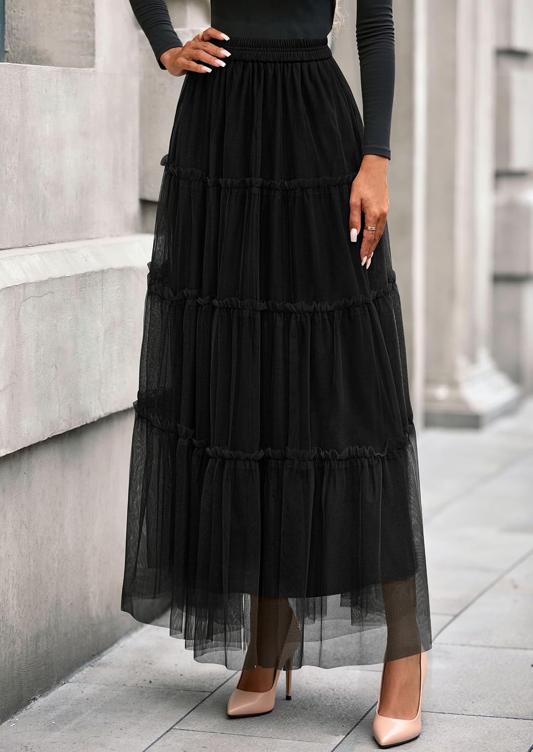 PRETTYGARDEN Women's Fall Soft Tulle Tiered Long Skirt