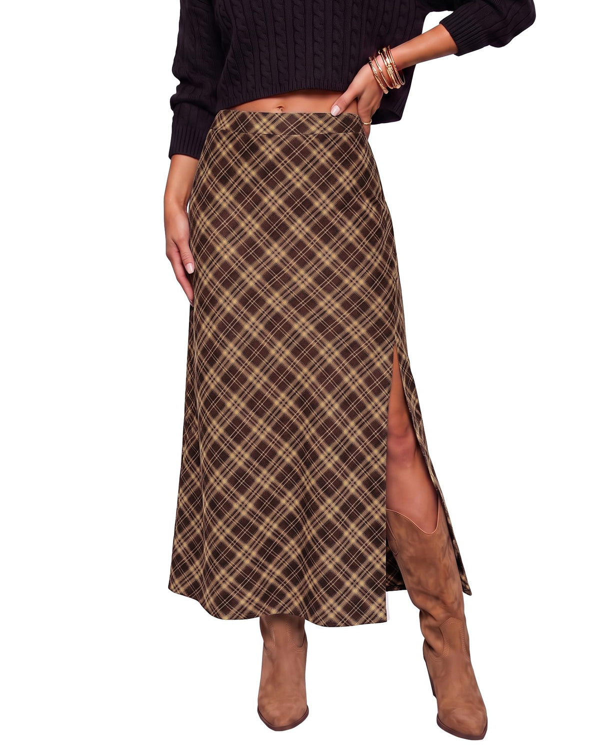 luvamia Plaid Maxi Skirts for Women Trendy A-Line Long Skirt with Side Slit