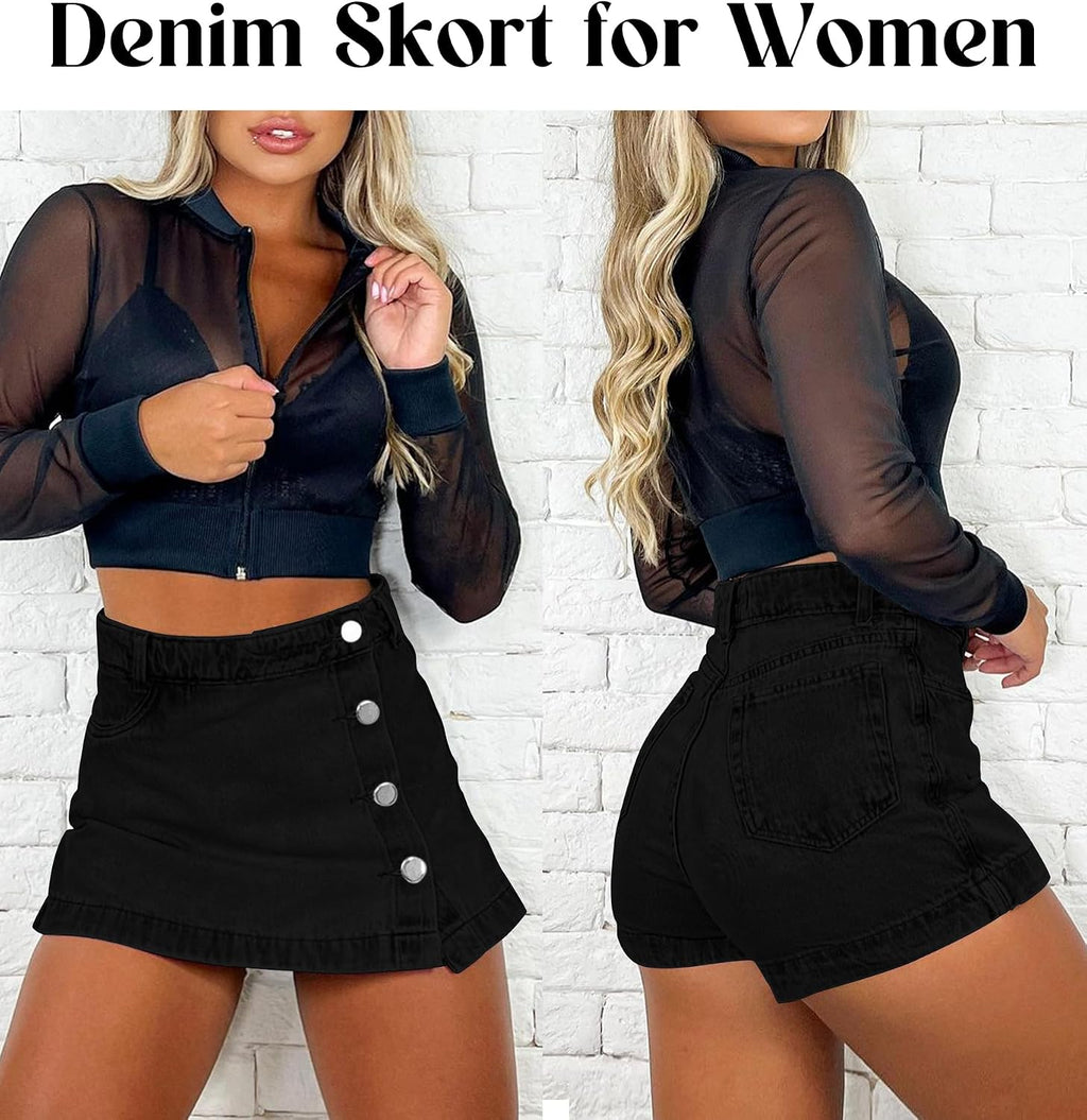 Denim Skort for Women Slit Casual Stretchy Jean Skirt with Shorts