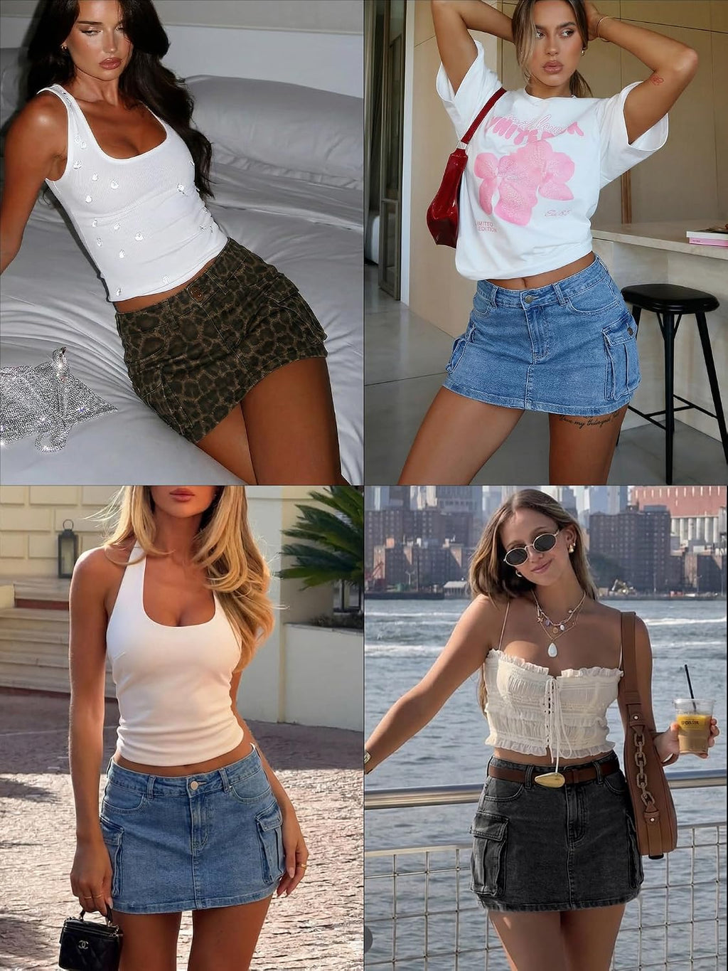 ELLEVEN Women's High Stretch Denim Cargo Skort High Waisted Y2K Jean Skirt