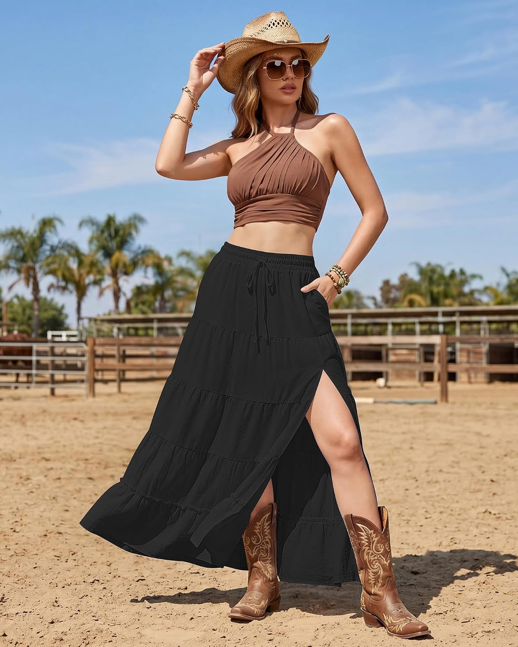 Bsubseach Women Boho Maxi Skirt High Slit Long Flowy Skirt with Pockets