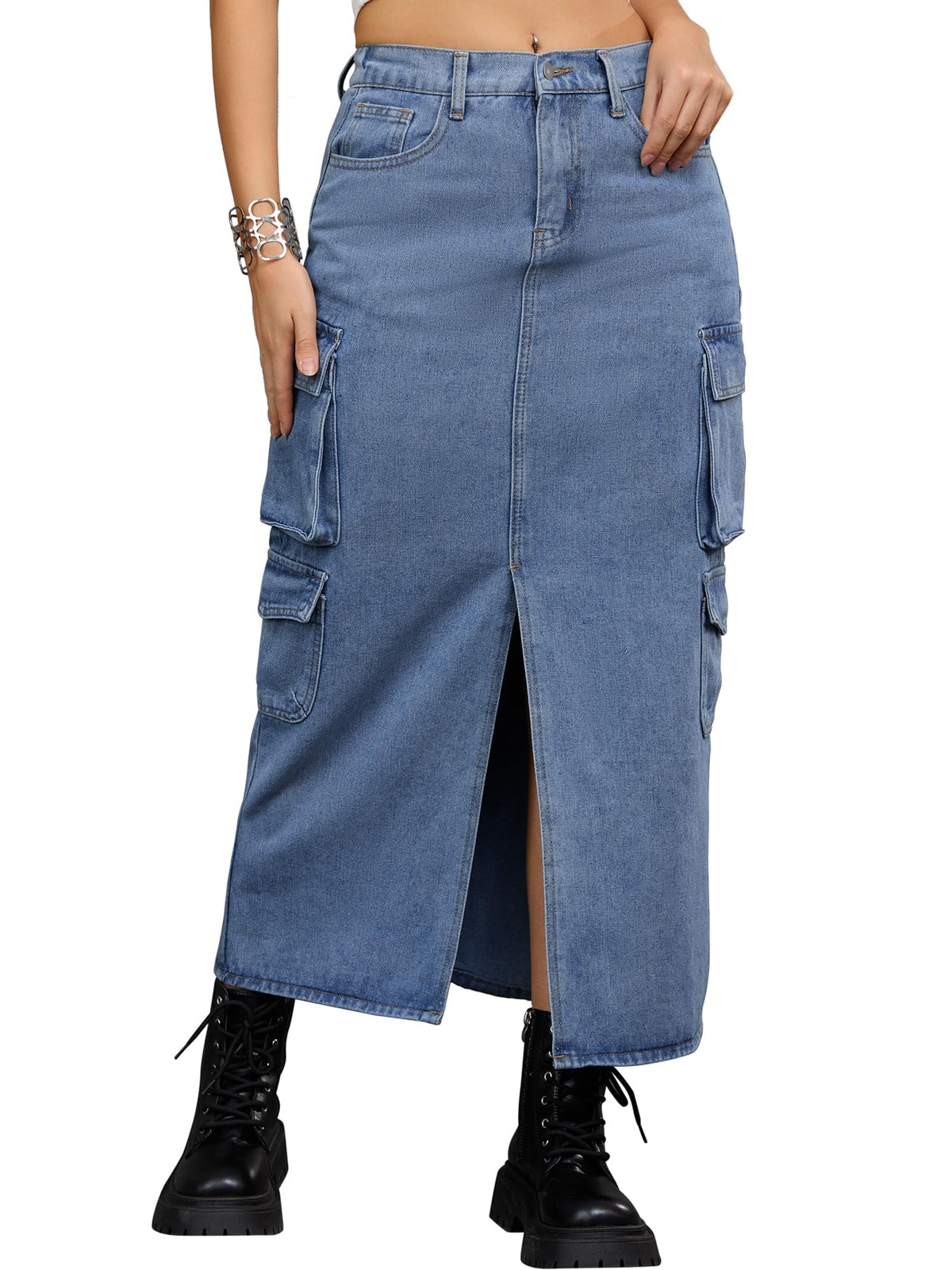 Women's Cargo Long Denim Skirt with Slit