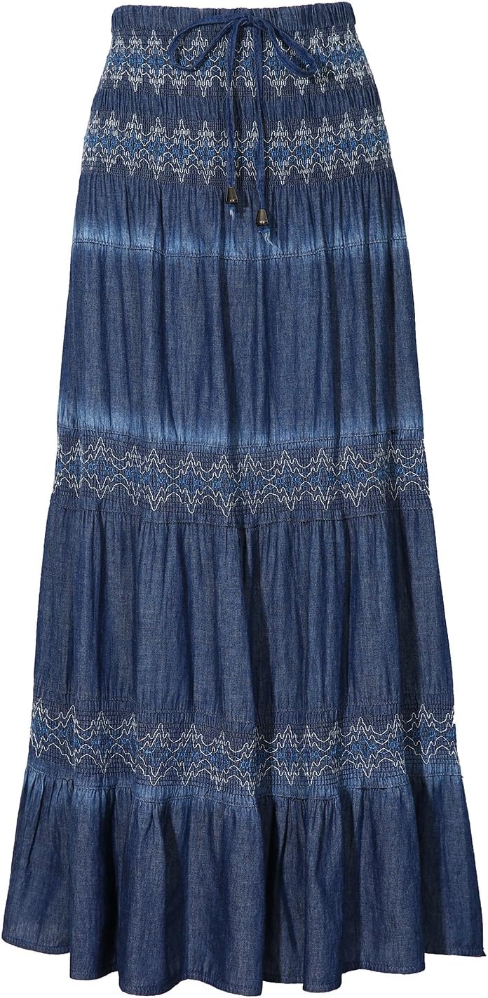 DREFBUFY Womens Denim Skirt High Waist Pleated Tiered Long Skirts Maxi Casual Style Jean Dress for Women