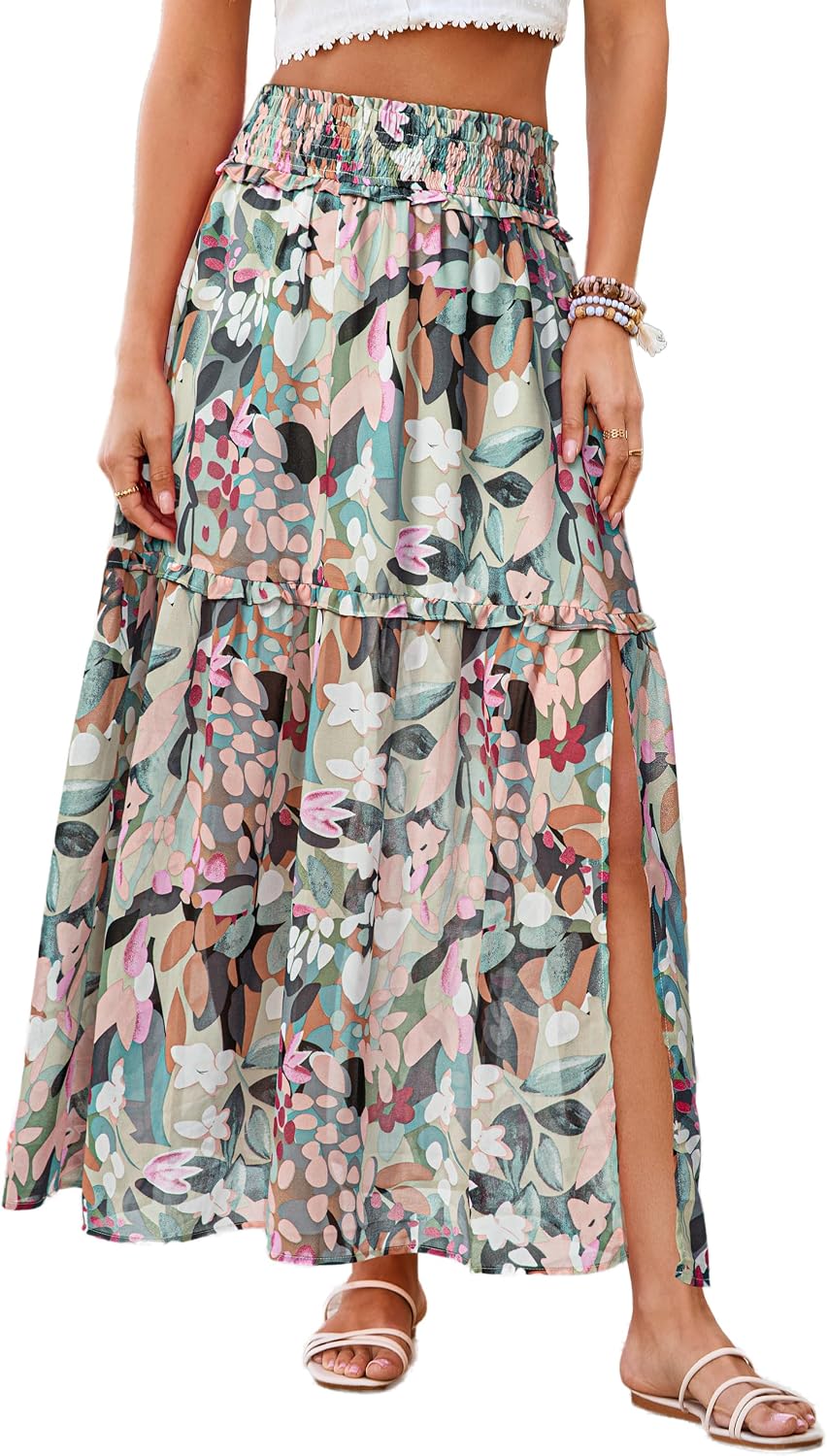 BerryGo Women Boho Floral Maxi Skirts Summer Smocked High Waisted Chiffon Flowy A Line 2026 Trendy Long Beach Skirt with Slit