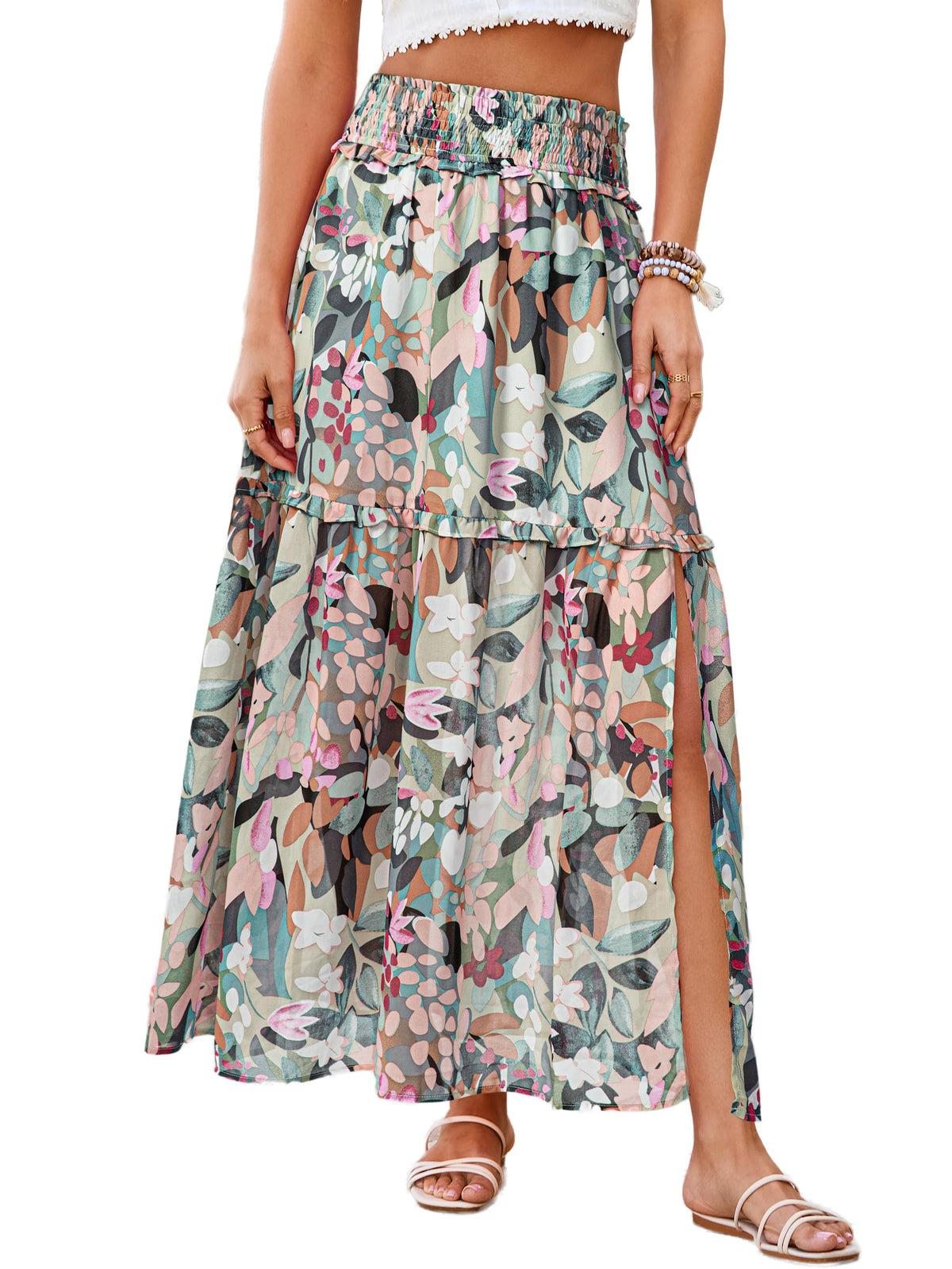 BerryGo Women Boho Floral Maxi Skirts Summer Smocked High Waisted Chiffon Flowy A Line 2026 Trendy Long Beach Skirt with Slit