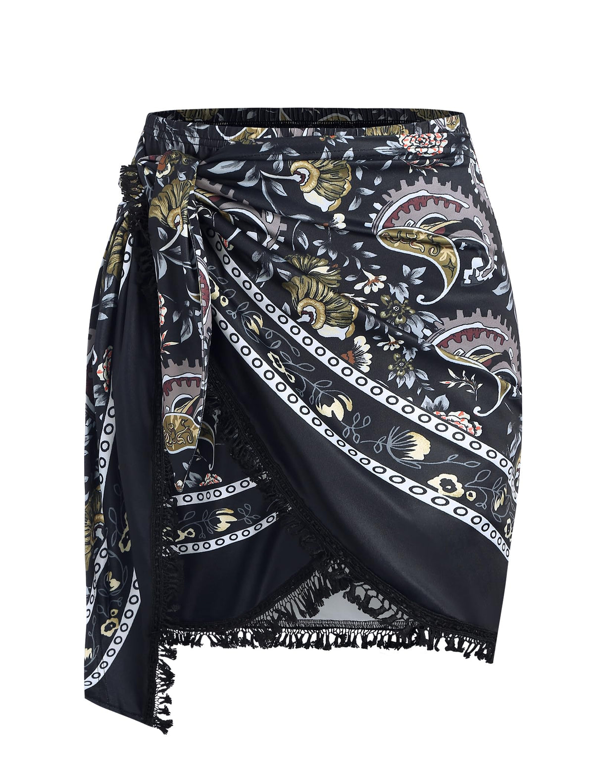ZAFUL Slit Skirt for Women Boho Print Tie Side Wrap Tassel Casual Beach Mini Skirt