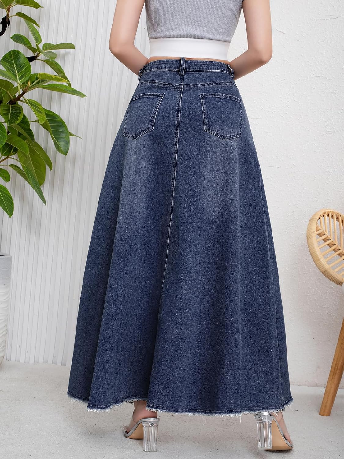 ebossy Women's Retro Distressed High Waist Frayed Hem A Line Wash Maxi Long Denim Skirt with Pockets