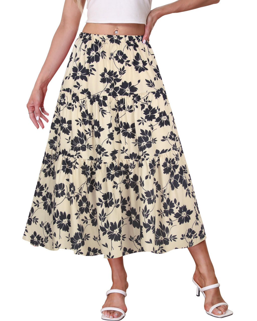 Kingfancy Women's Boho Midi Skirt A-Line Flowy Skirts