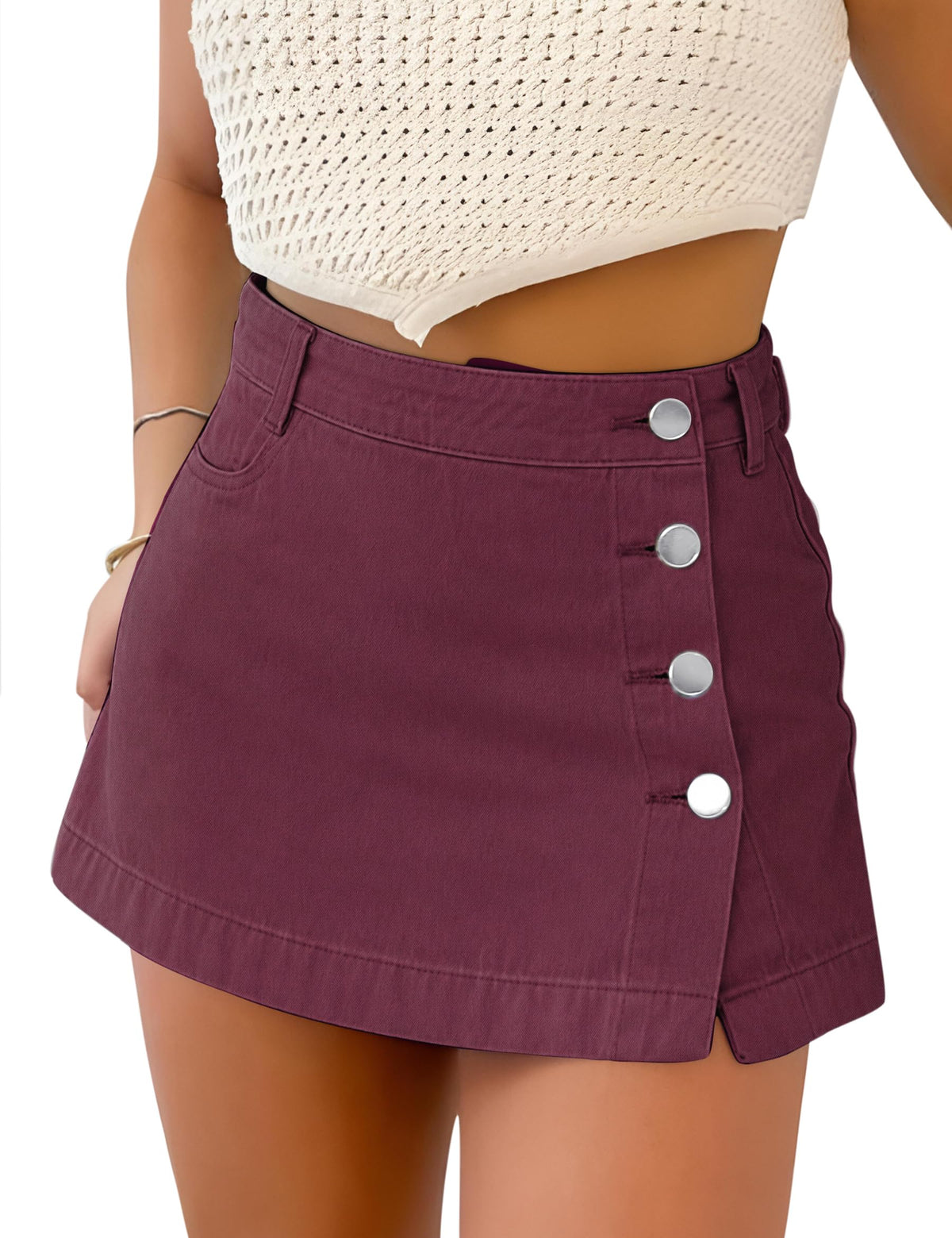 Denim Skort for Women Slit Casual Stretchy Jean Skirt with Shorts