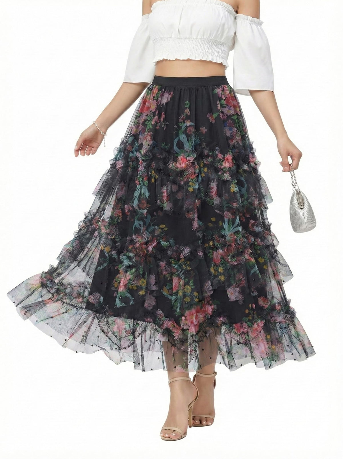 Sparkly Tulle Skirt for Women Floral Beaded Tiered Midi Length High Waist A Line Fairy Cake Party Skirt