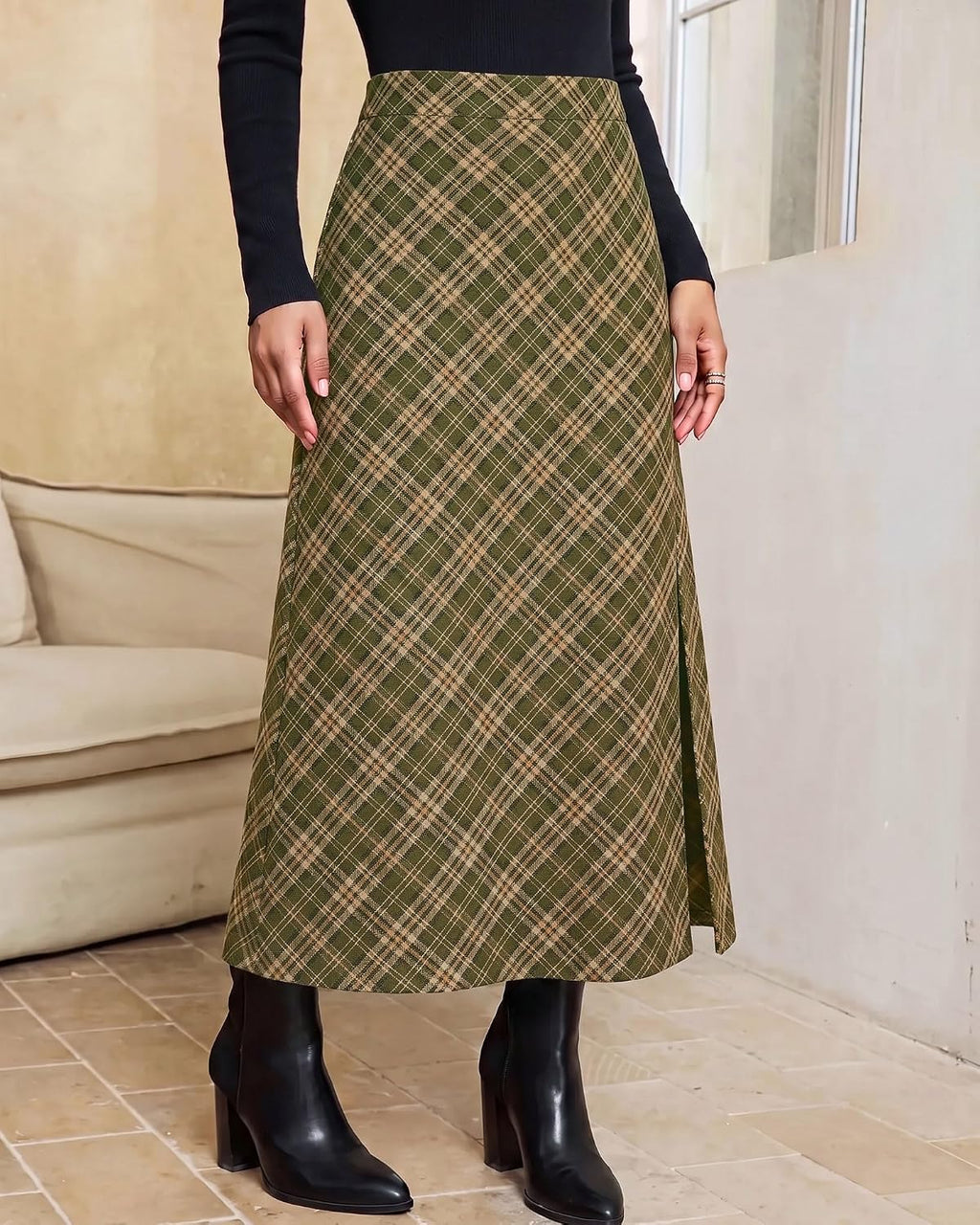 luvamia Plaid Maxi Skirts for Women Trendy A-Line Long Skirt with Side Slit