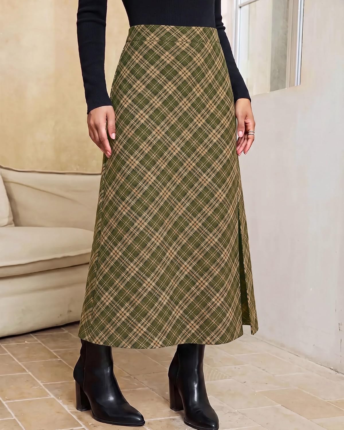 luvamia Plaid Maxi Skirts for Women Trendy A-Line Long Skirt with Side Slit